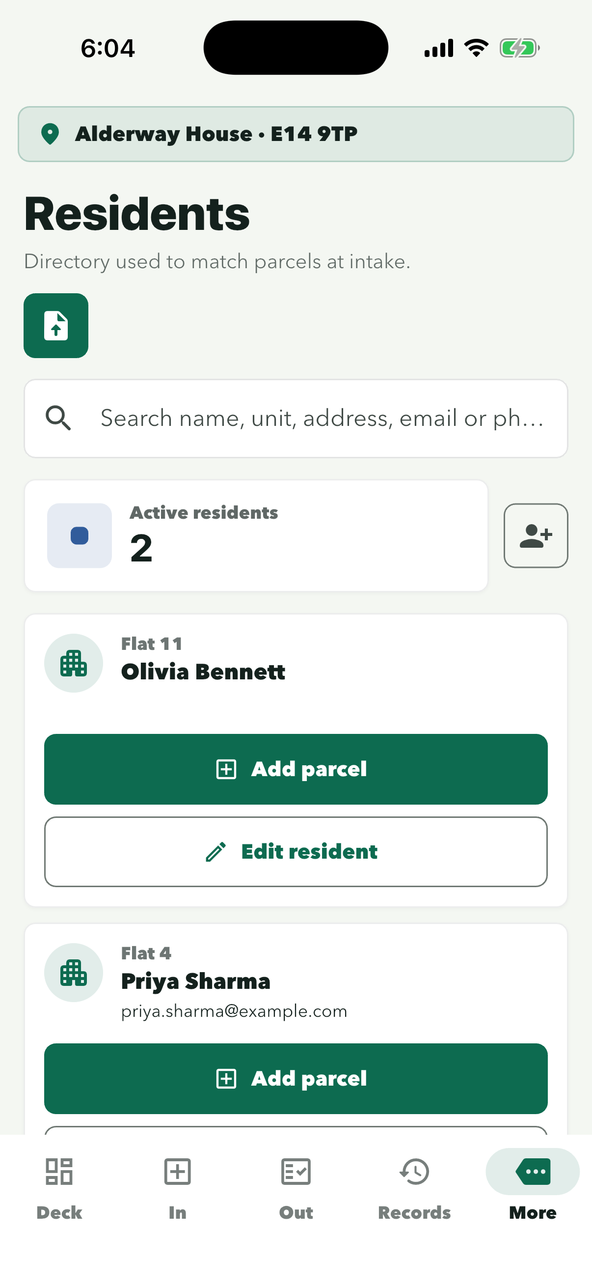 Residents screen with the file icon under the subtitle and 2 active residents, Olivia Bennett and Priya Sharma