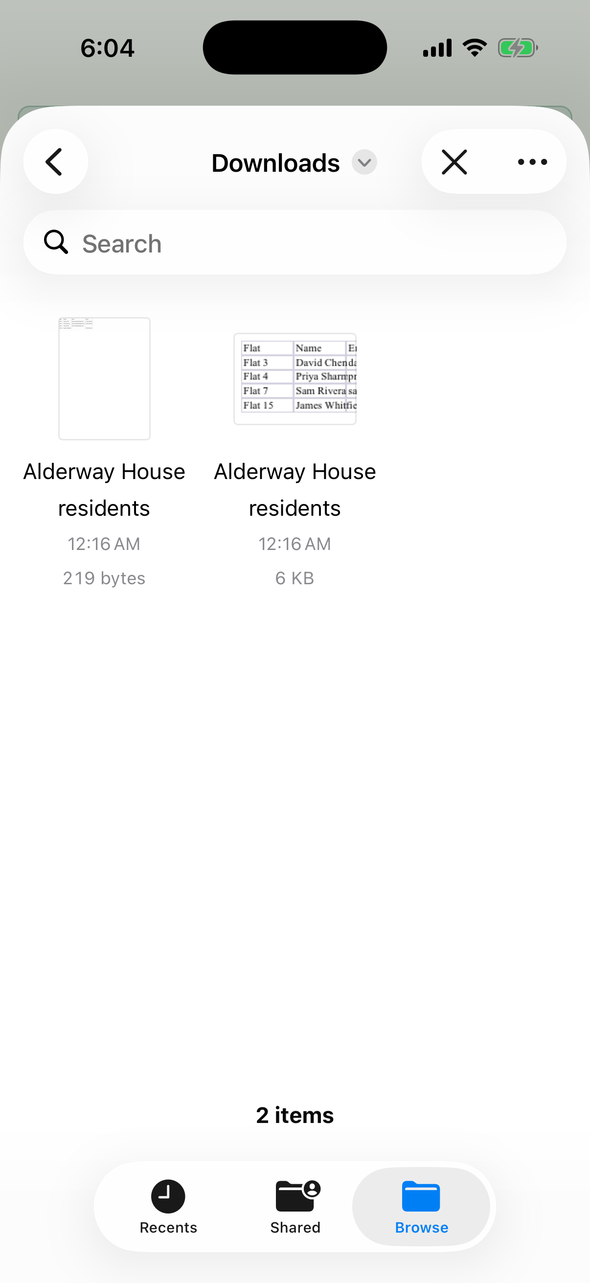 Downloads folder with Alderway House residents as a CSV file and as an Excel workbook