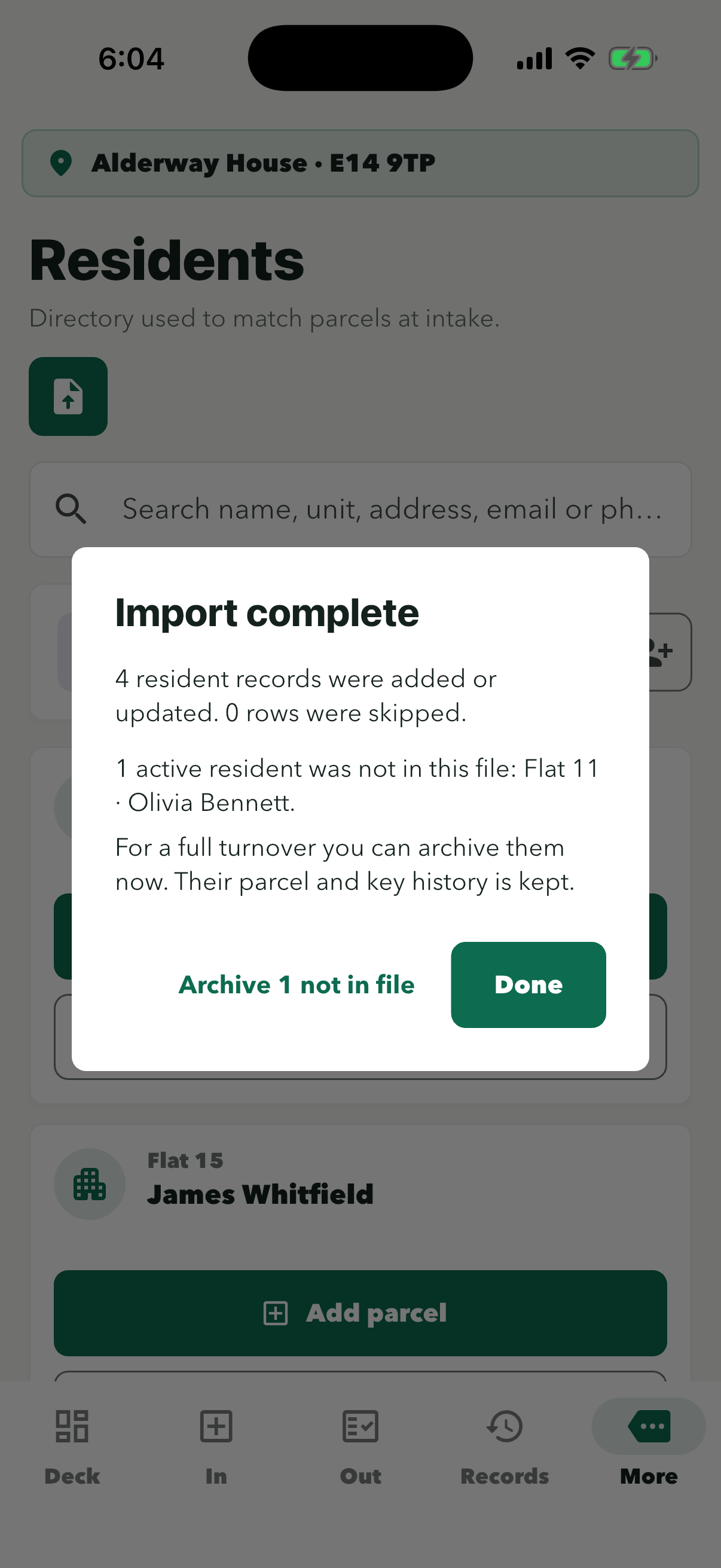 Import complete: 4 resident records added or updated, 0 skipped; 1 active resident not in the file, Flat 11 Olivia Bennett; Archive 1 not in file and Done