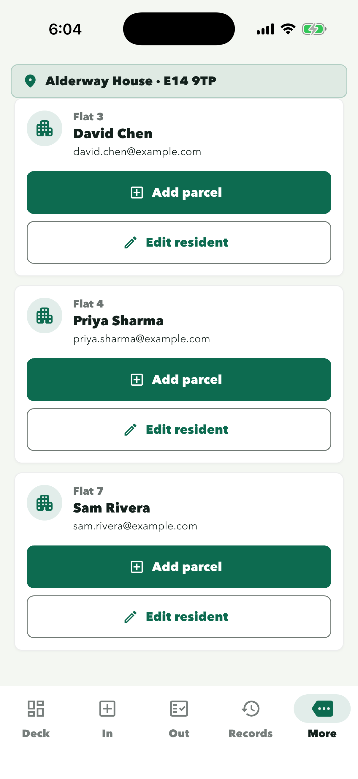 Residents directory after the import, scrolled to Flat 3 David Chen, Flat 4 Priya Sharma and Flat 7 Sam Rivera, each under their flat