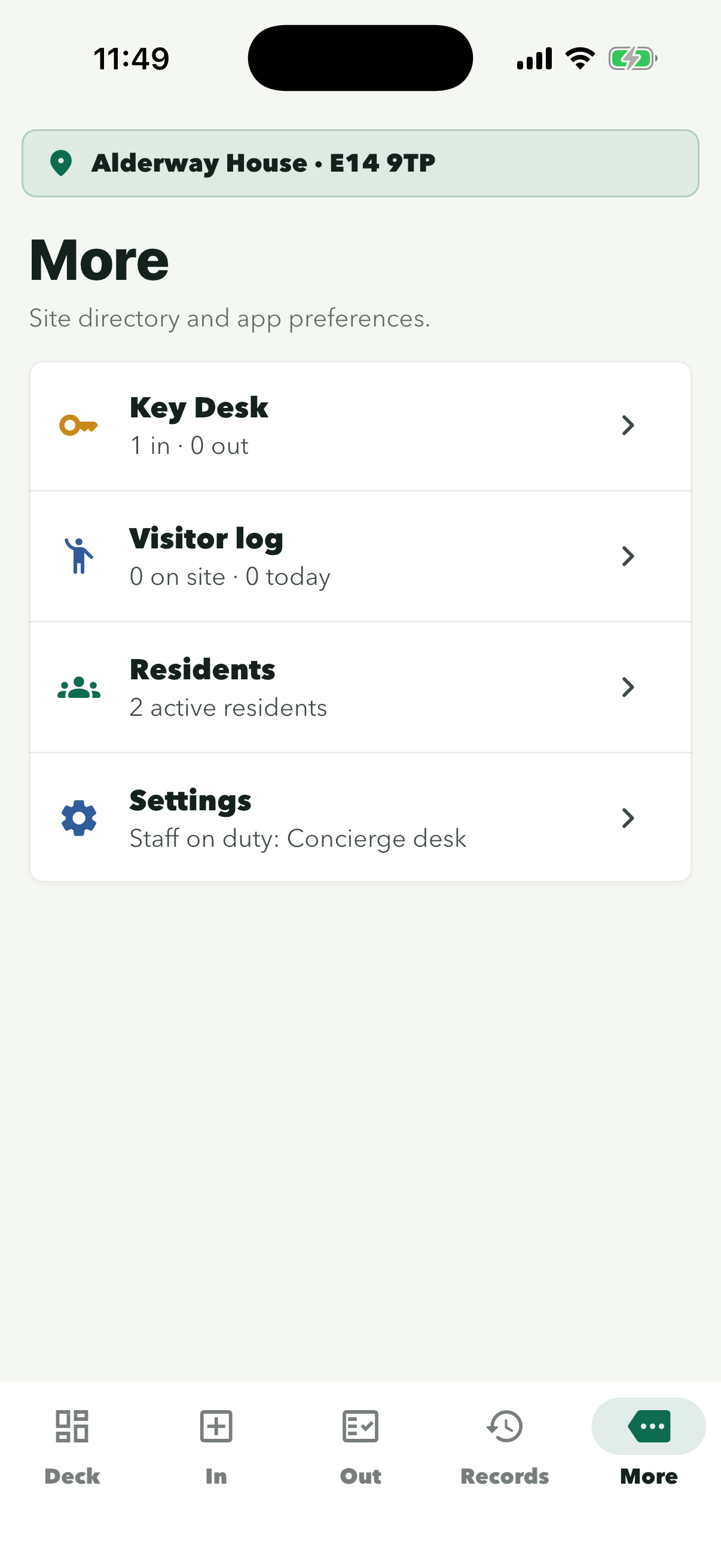 More screen with Residents under Key Desk and Visitor log
