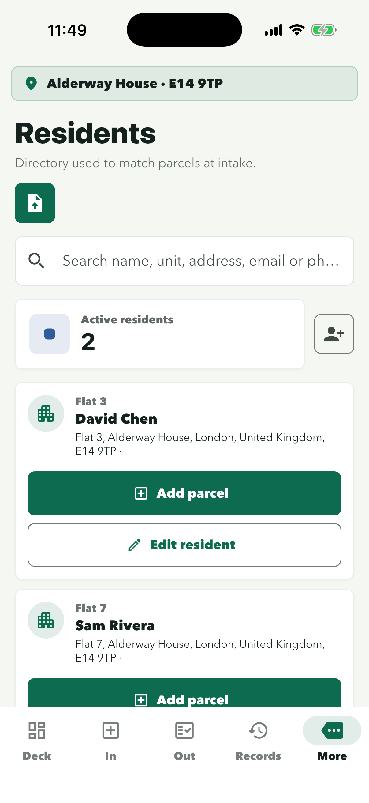 Residents screen with the upload icon under the subtitle