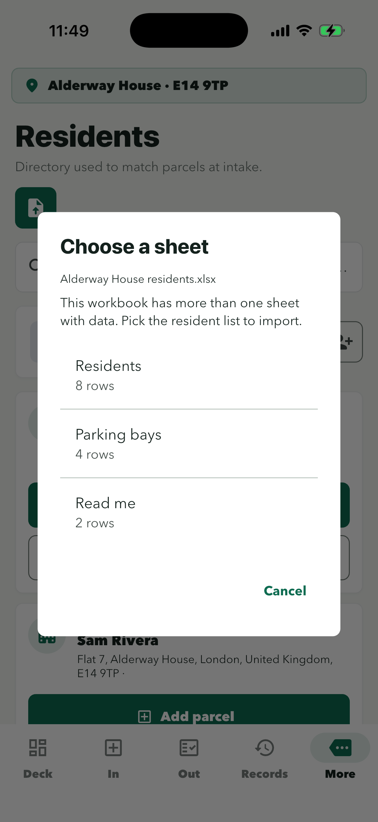 Choose a sheet dialog listing Residents, Parking bays and Read me with their row counts