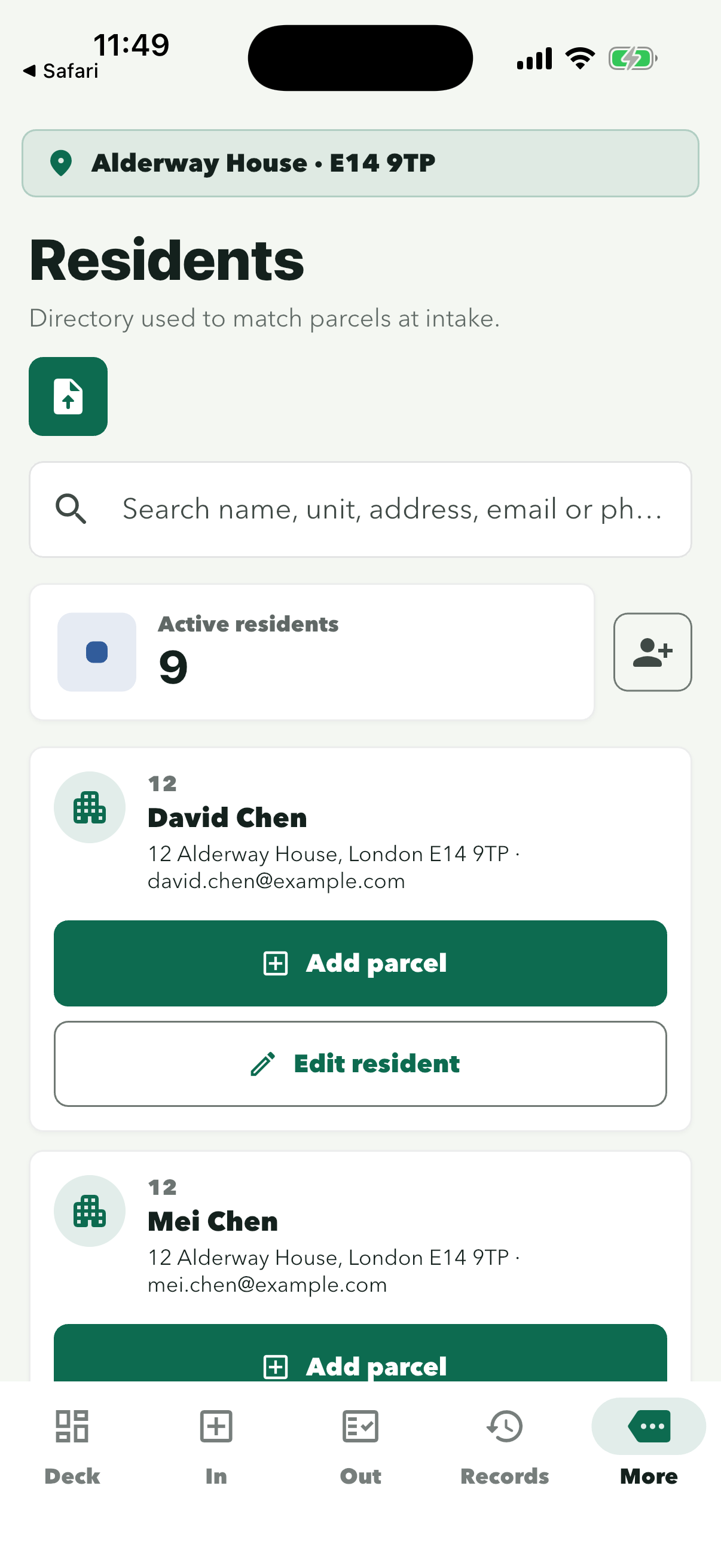 Residents directory after import showing 9 active residents