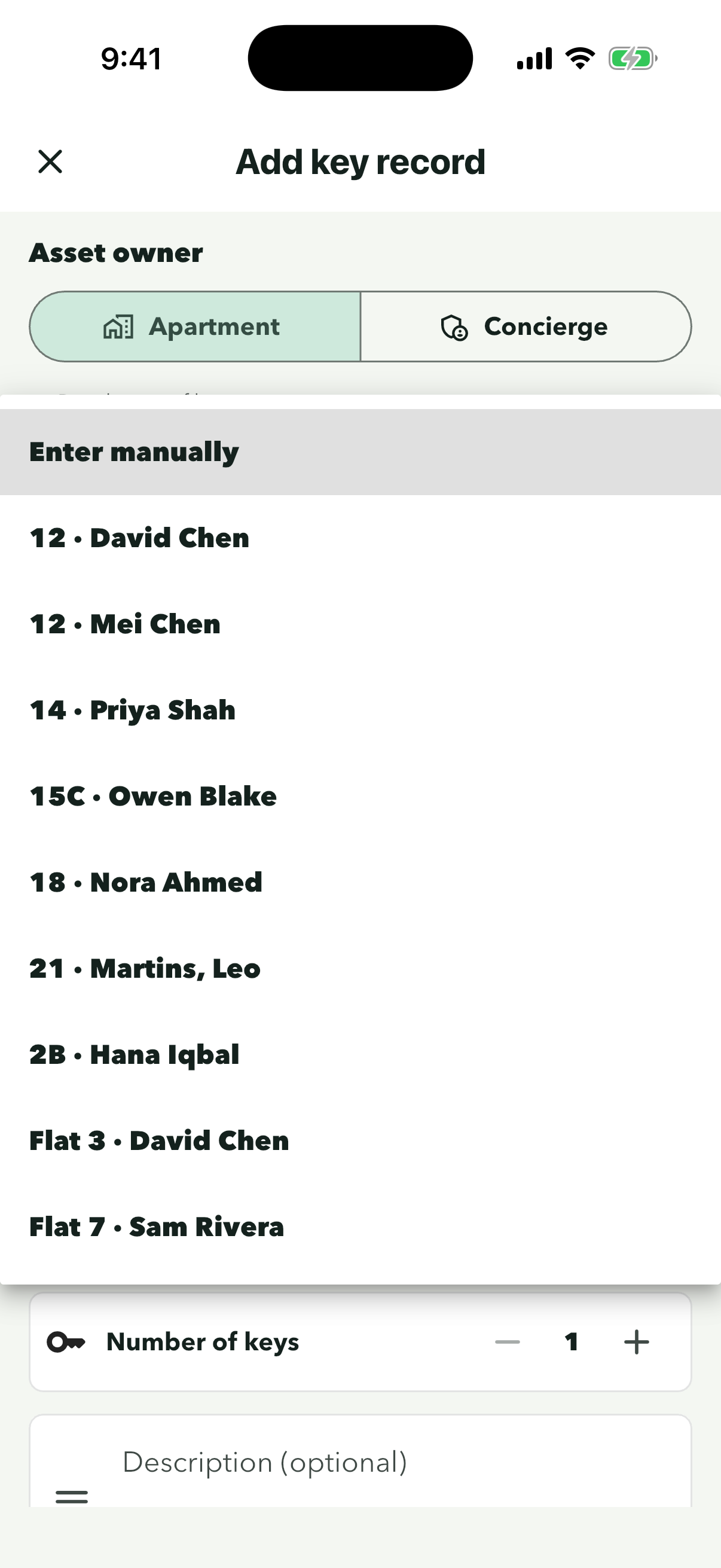 Resident list with Flat 7, Sam Rivera