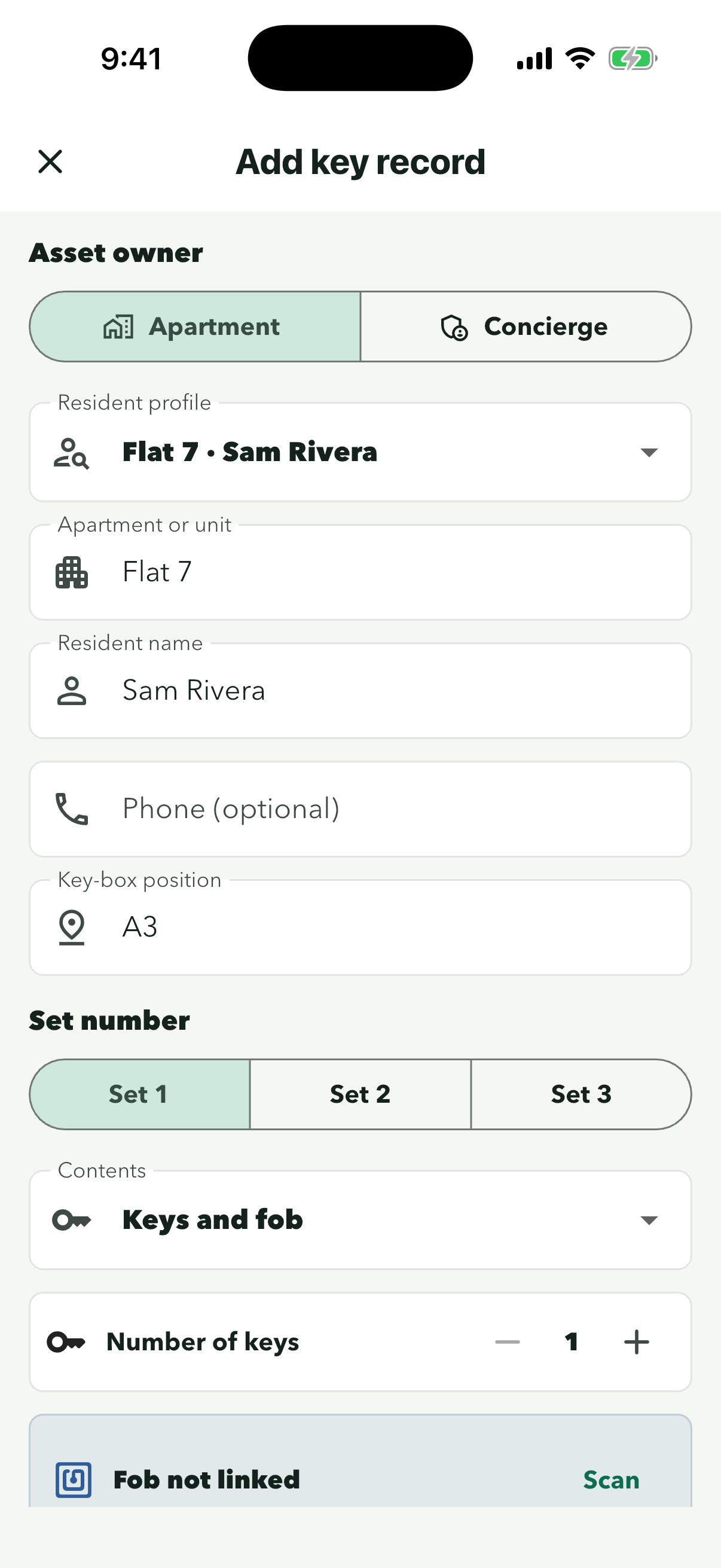 Form filled with Flat 7, Sam Rivera and key-box position A3