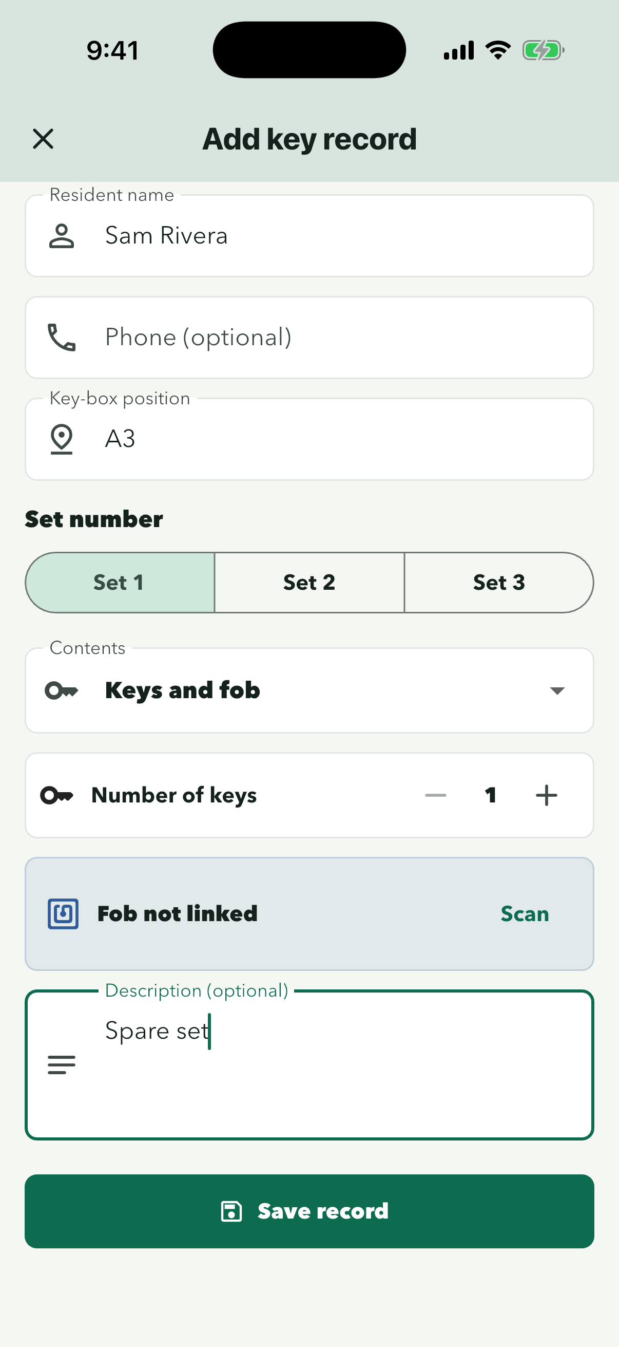 Bottom of the form with Keys and fob, Spare set and Save record