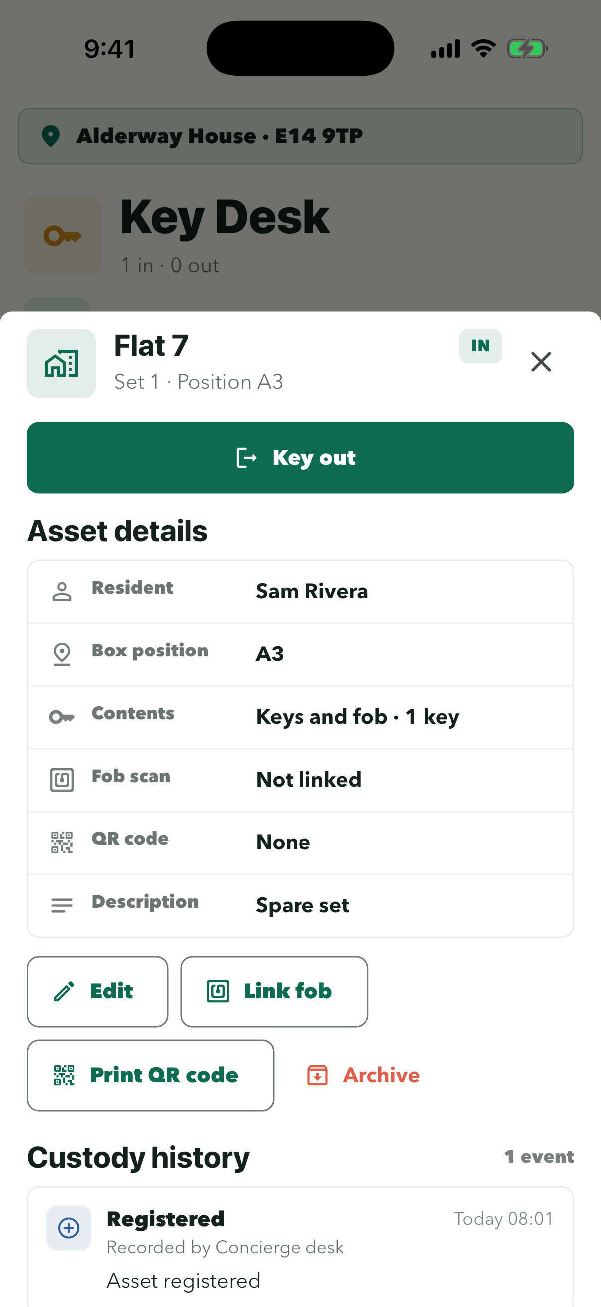 Key detail with asset details and custody history