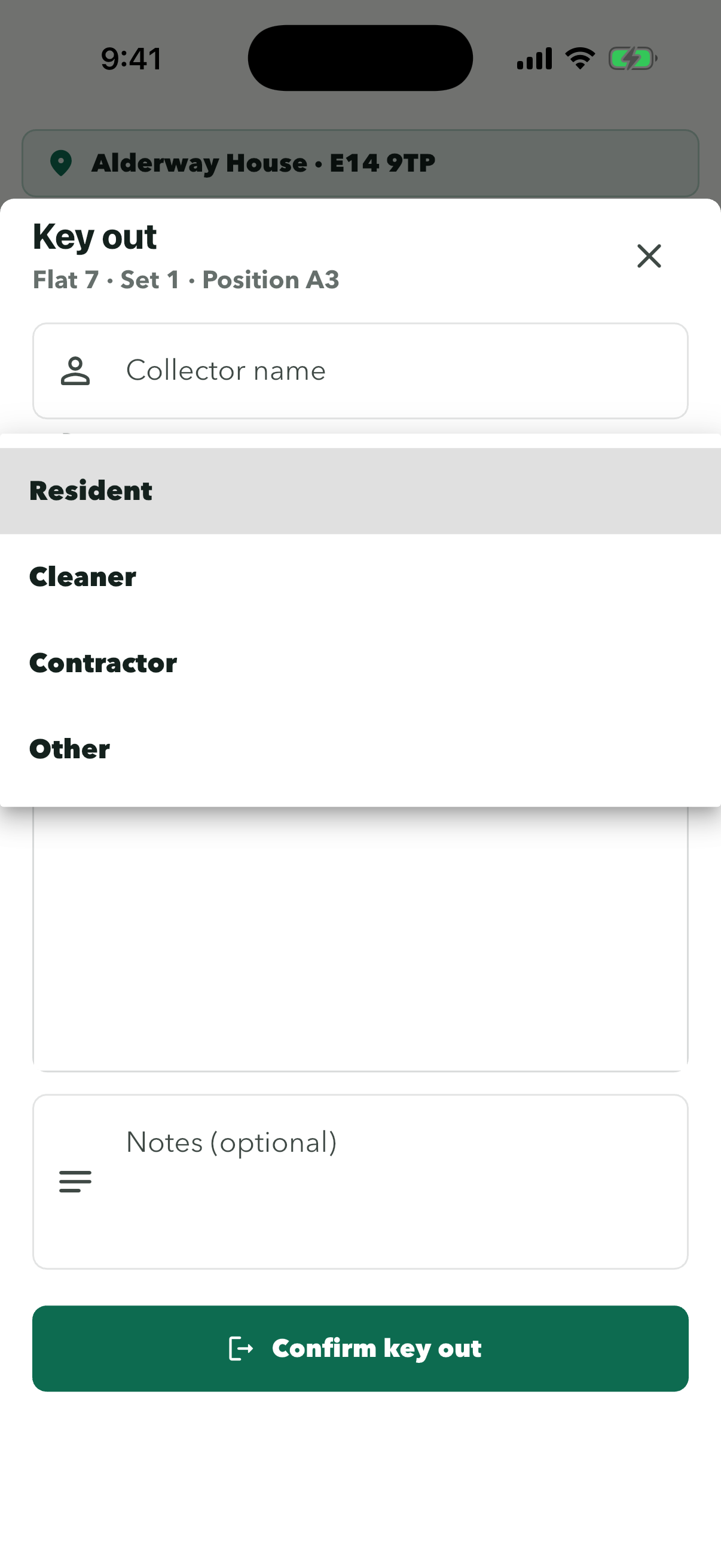 Purpose menu with Resident, Cleaner, Contractor and Other