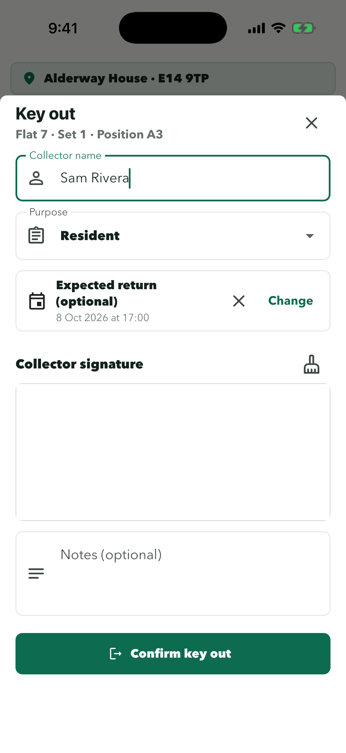 Key out form filled in with an empty signature box