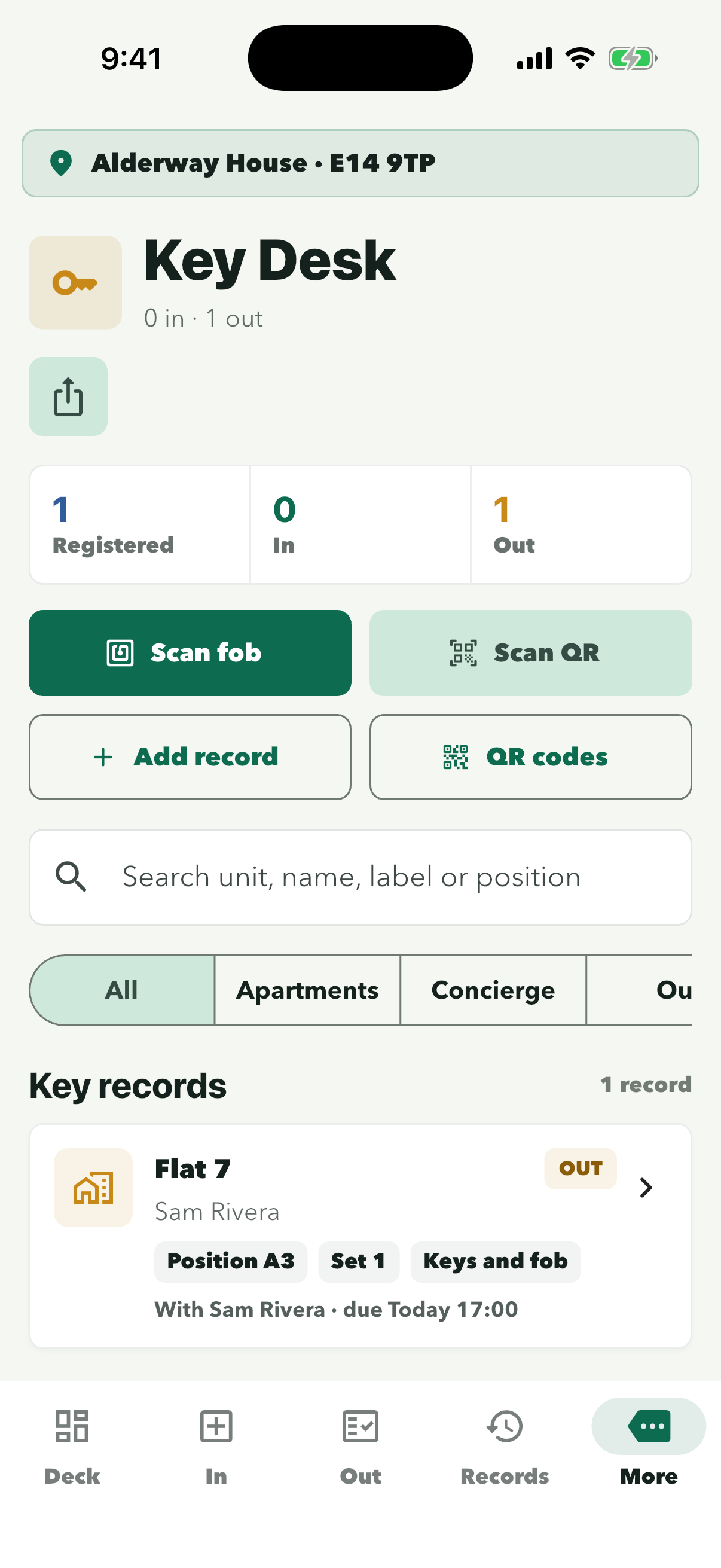 Key Desk with Flat 7 OUT, with Sam Rivera, due today 17:00