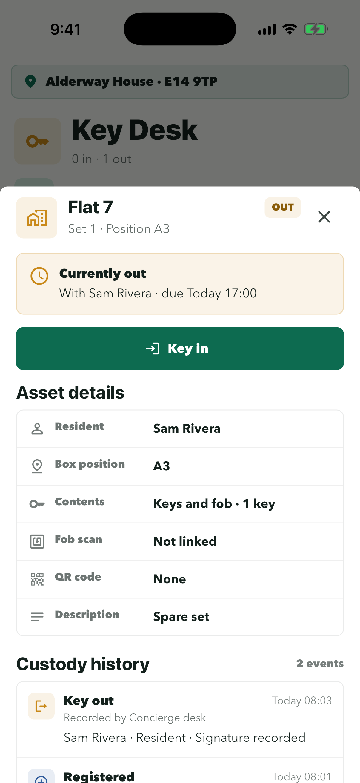 Key detail showing Currently out and the Key in button