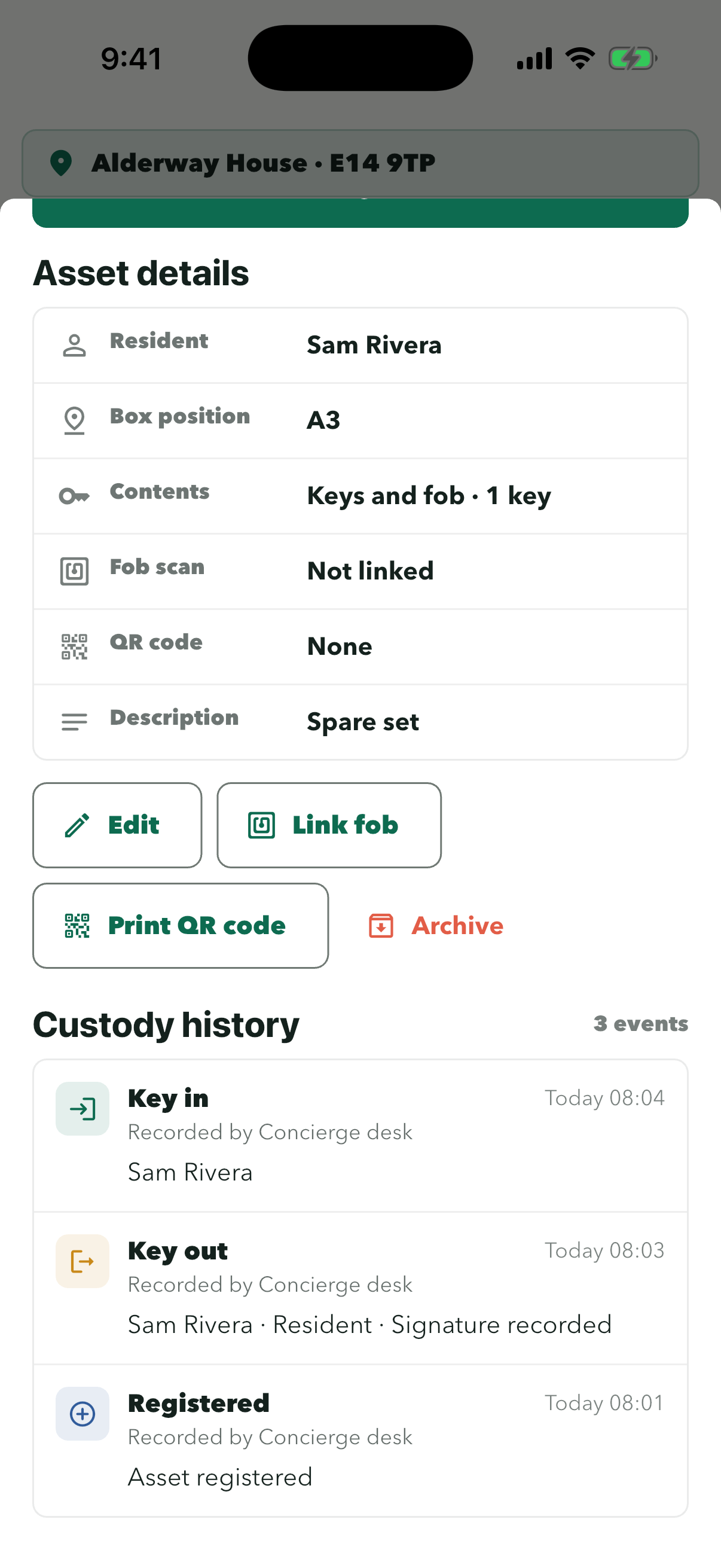 Custody history with Key in, Key out and Registered