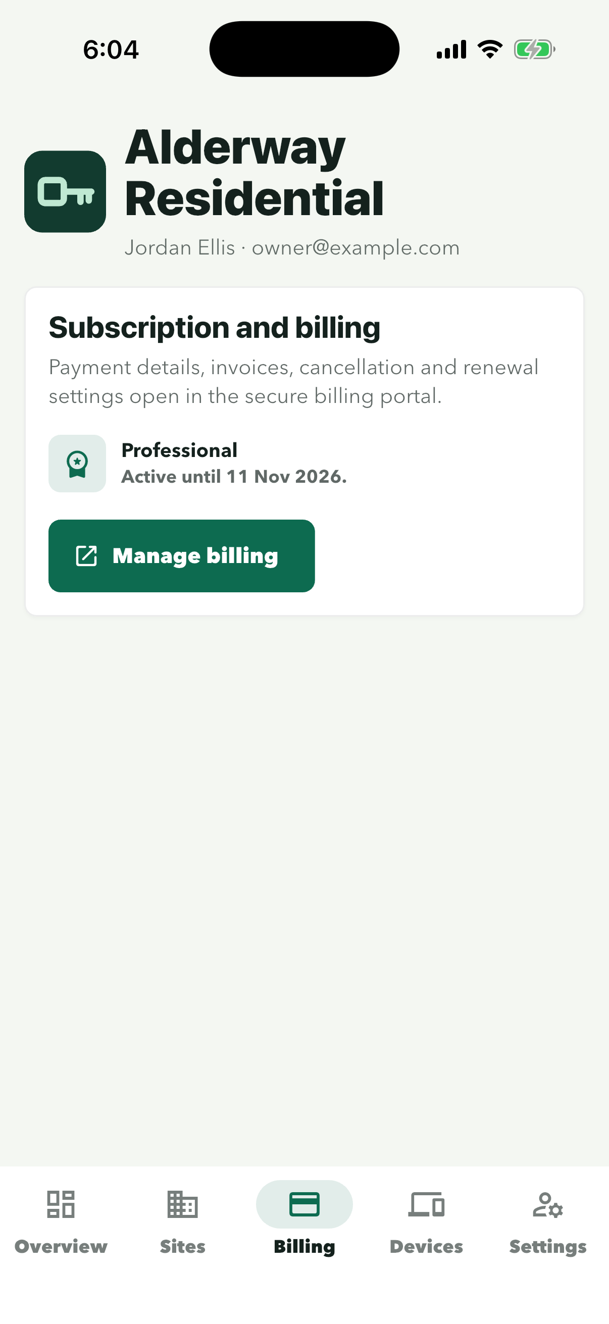 Billing tab with the Professional plan and the Manage billing button