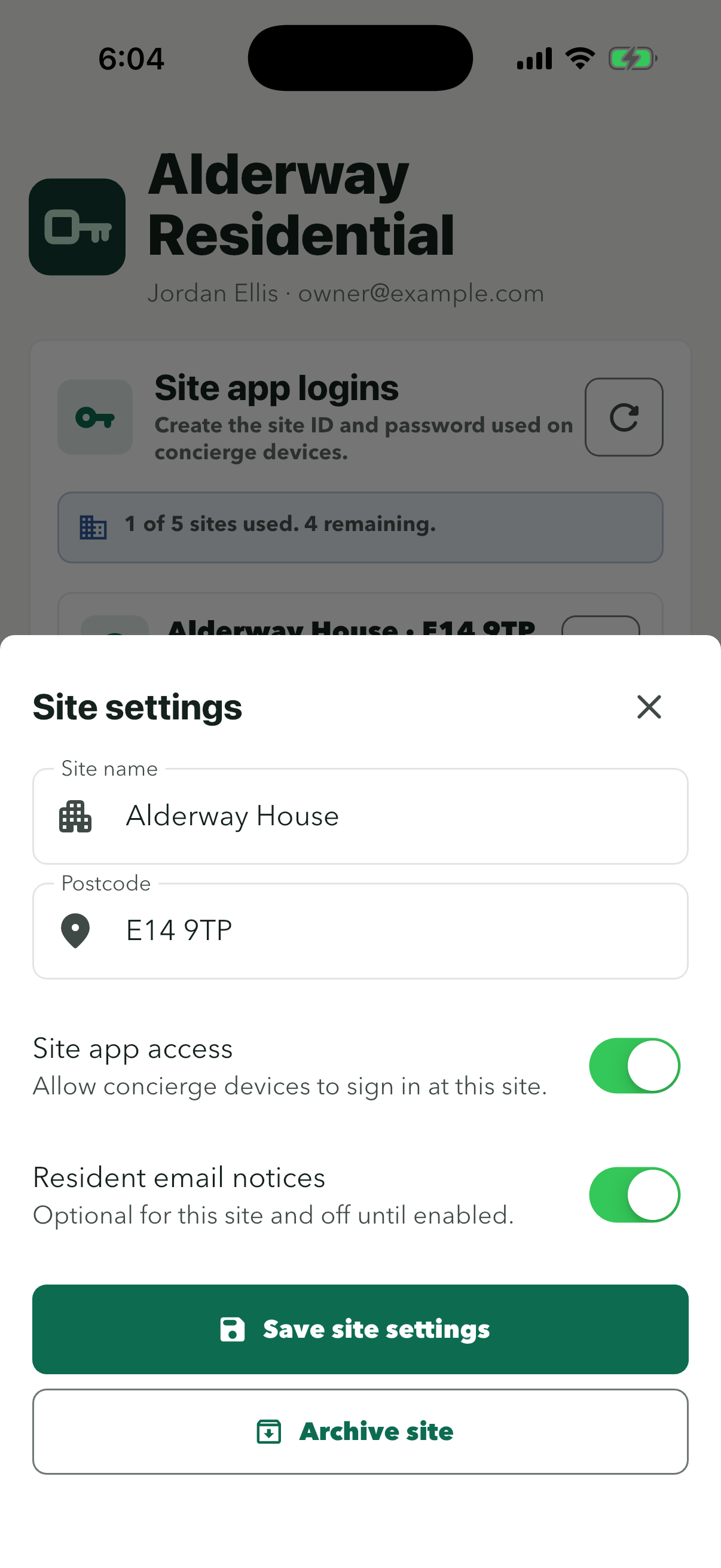 Site settings with Resident email notices switched on, above Save site settings