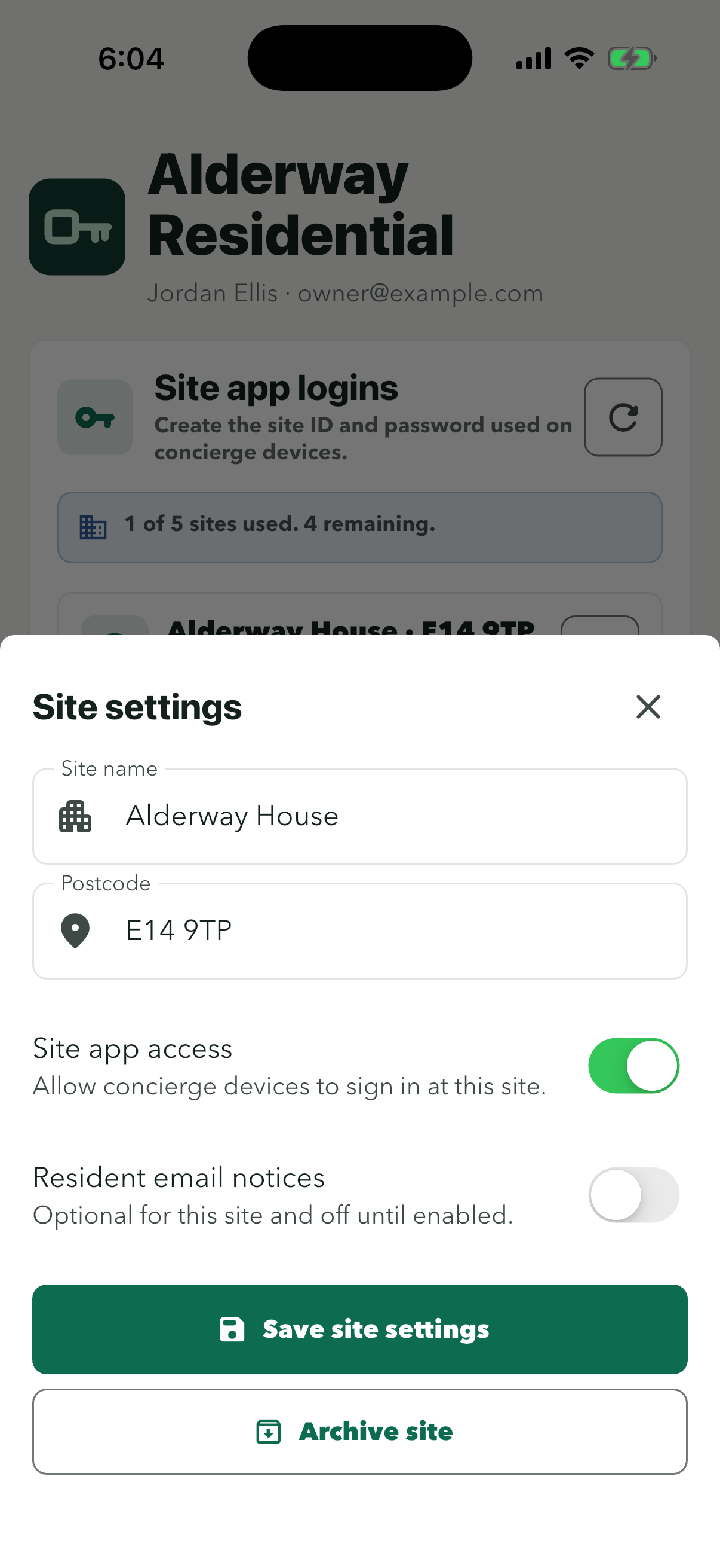 Site settings for Alderway House with Resident email notices switched off
