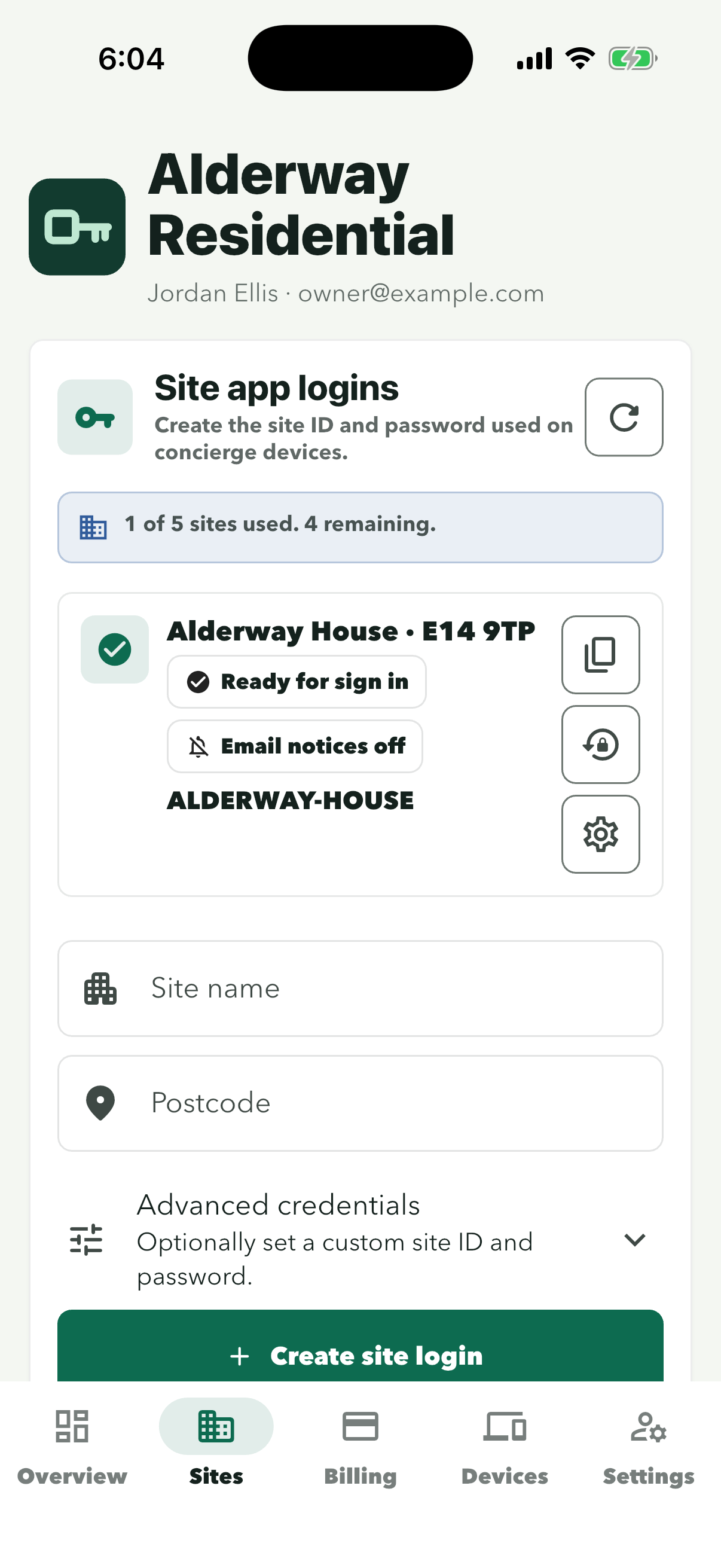 Sites tab with the Alderway House card showing Email notices off