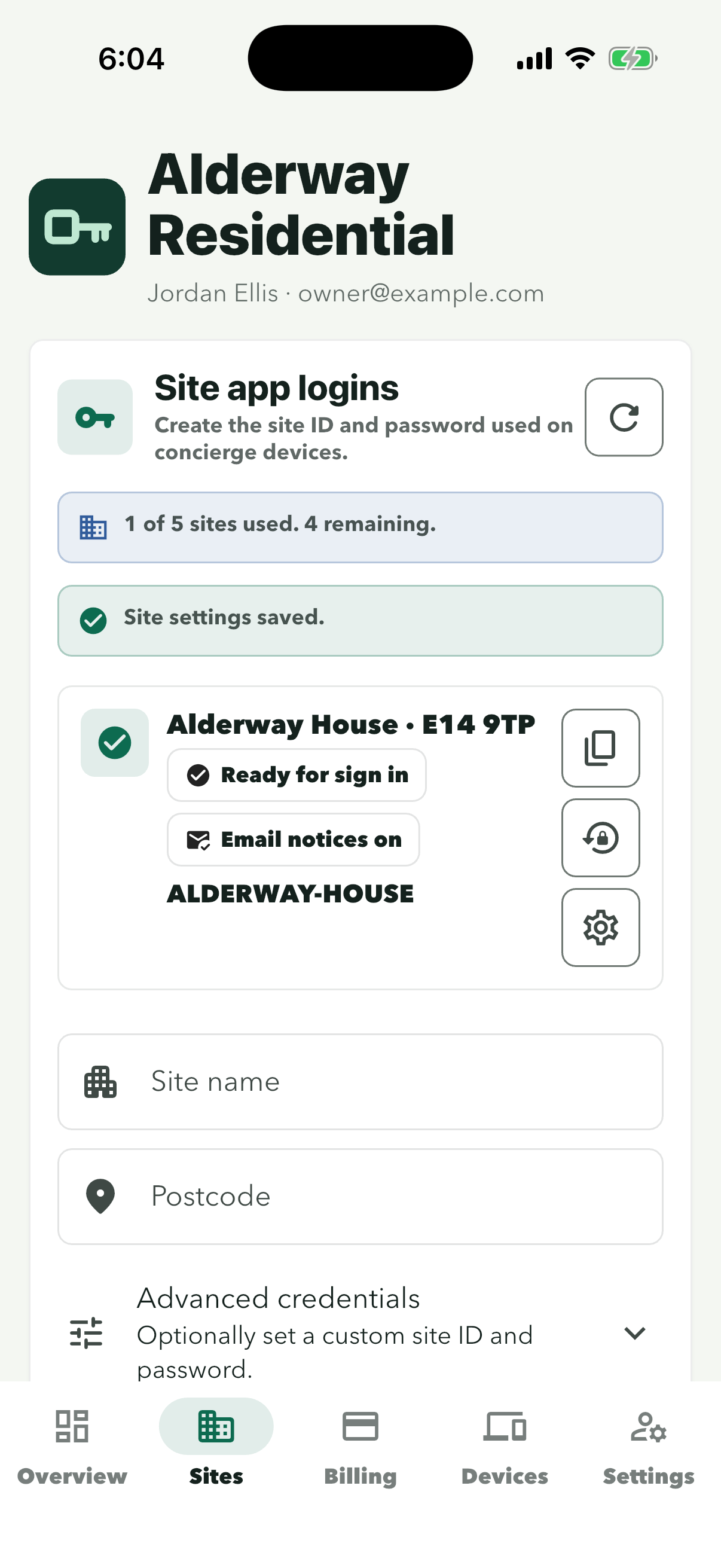 Sites tab after saving, with Site settings saved and Email notices on