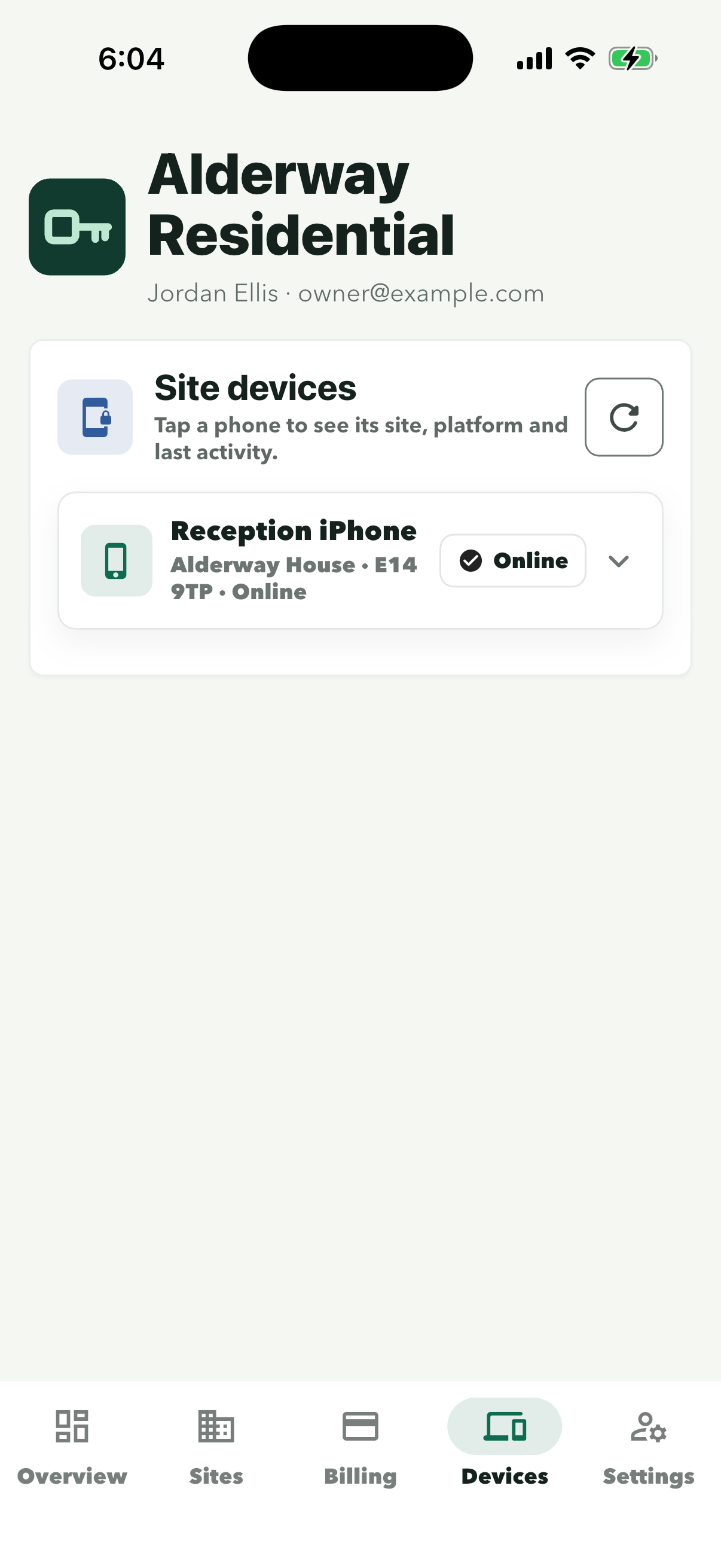 Devices tab listing the Reception iPhone at Alderway House, online
