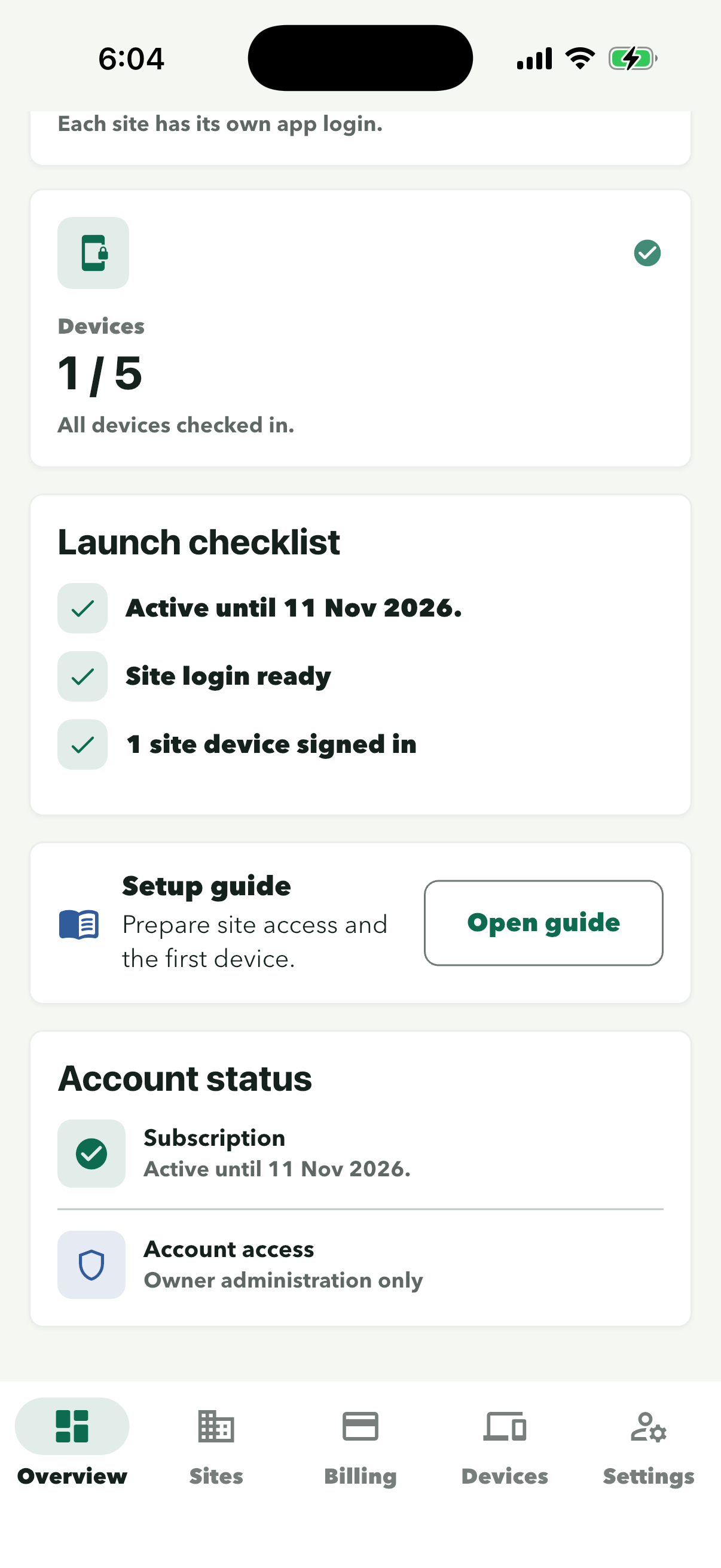 Owner Overview scrolled to the launch checklist with all three lines ticked, including 1 site device signed in