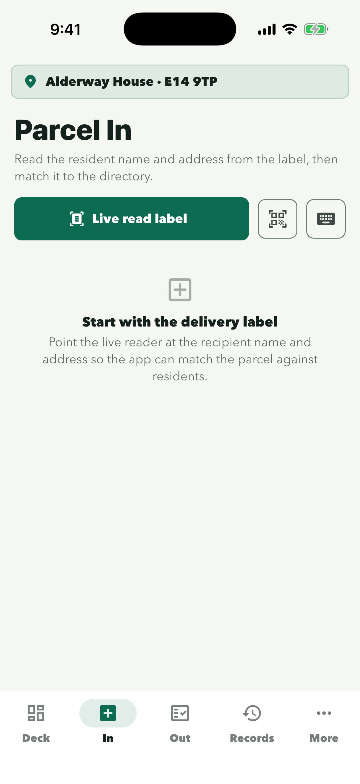 Parcel In at Alderway House with the Live read label button
