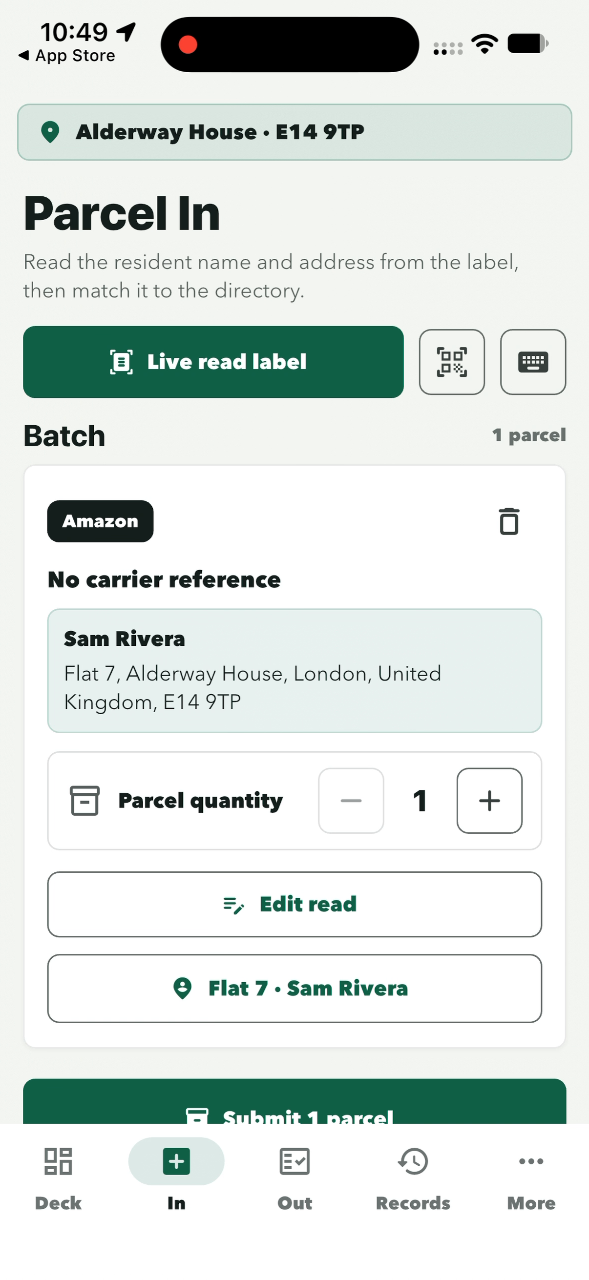 Batch with one Amazon parcel for Sam Rivera, Flat 7, with Edit read and the Flat 7 · Sam Rivera button
