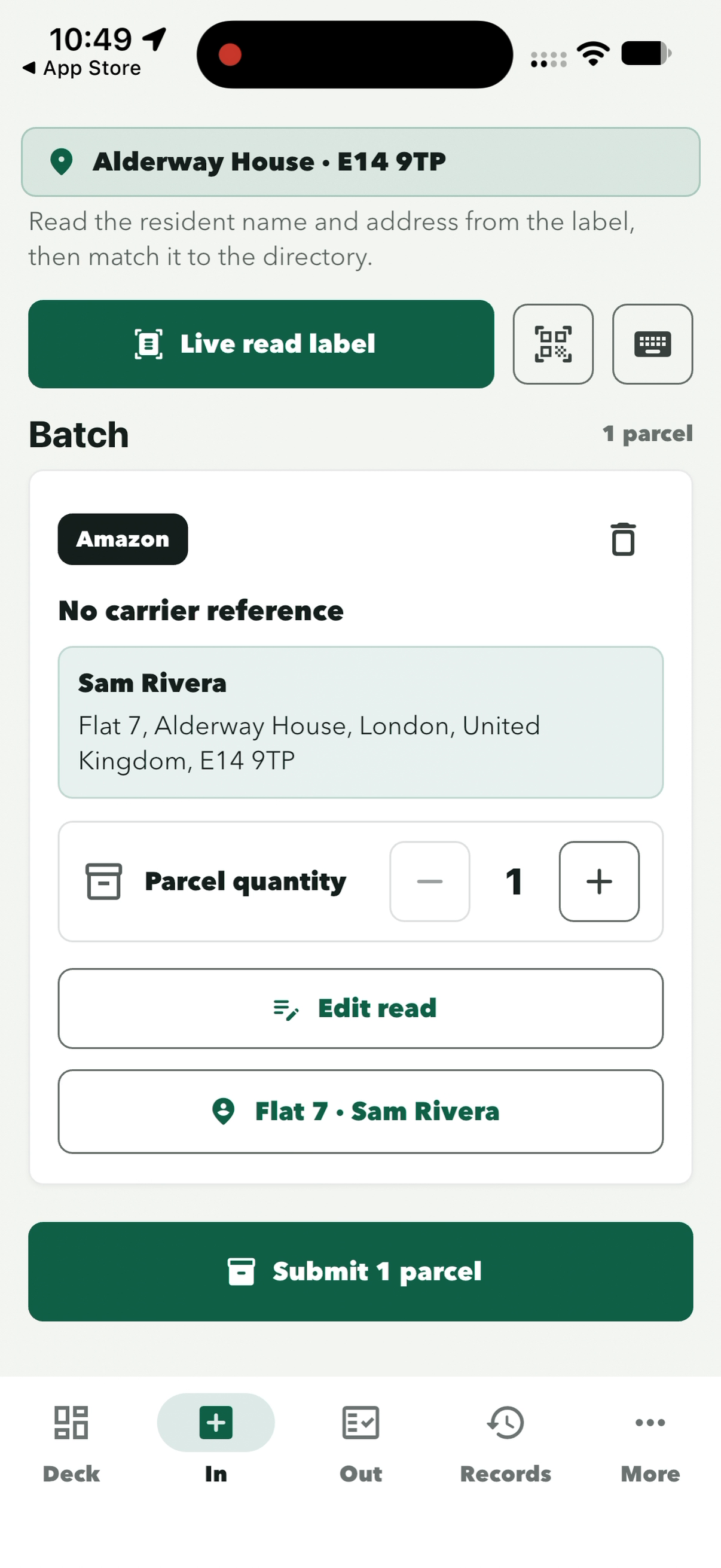 Batch scrolled down to the Submit 1 parcel button