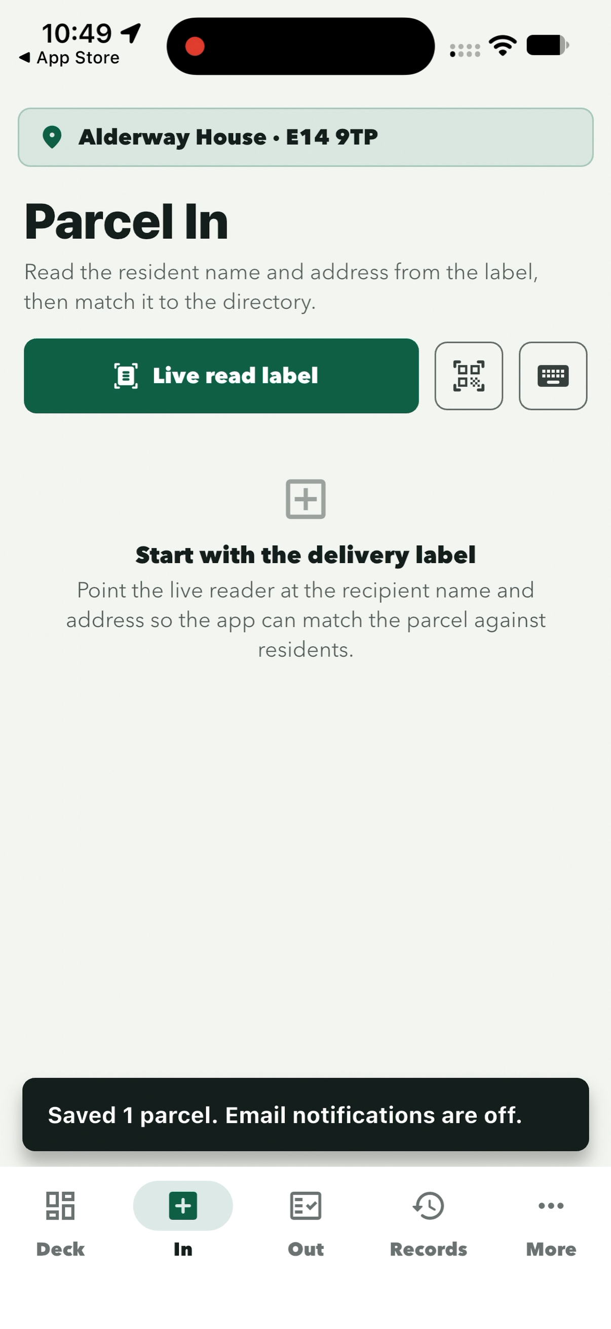 Empty Parcel In with the message Saved 1 parcel. Email notifications are off