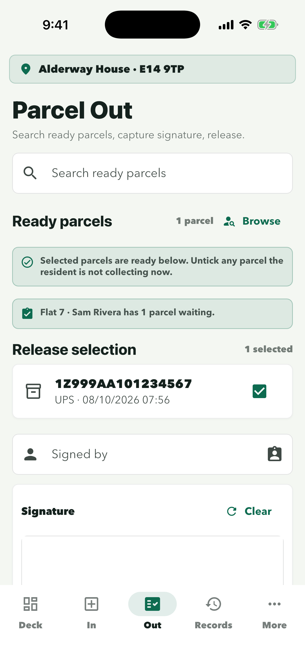 Release selection with the parcel ticked and an empty Signed by field