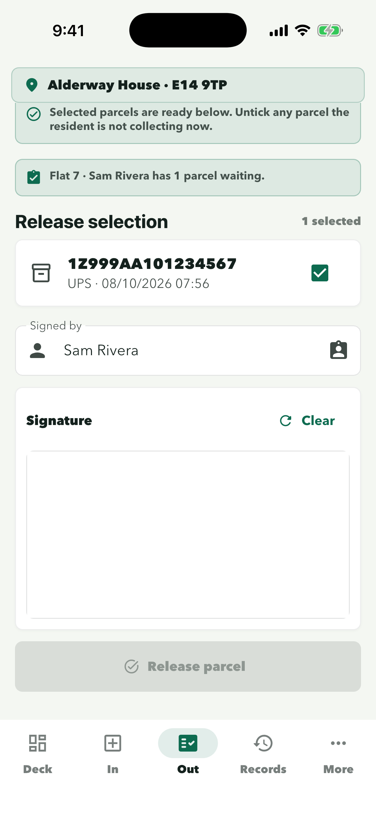 Signed by Sam Rivera with an empty signature box