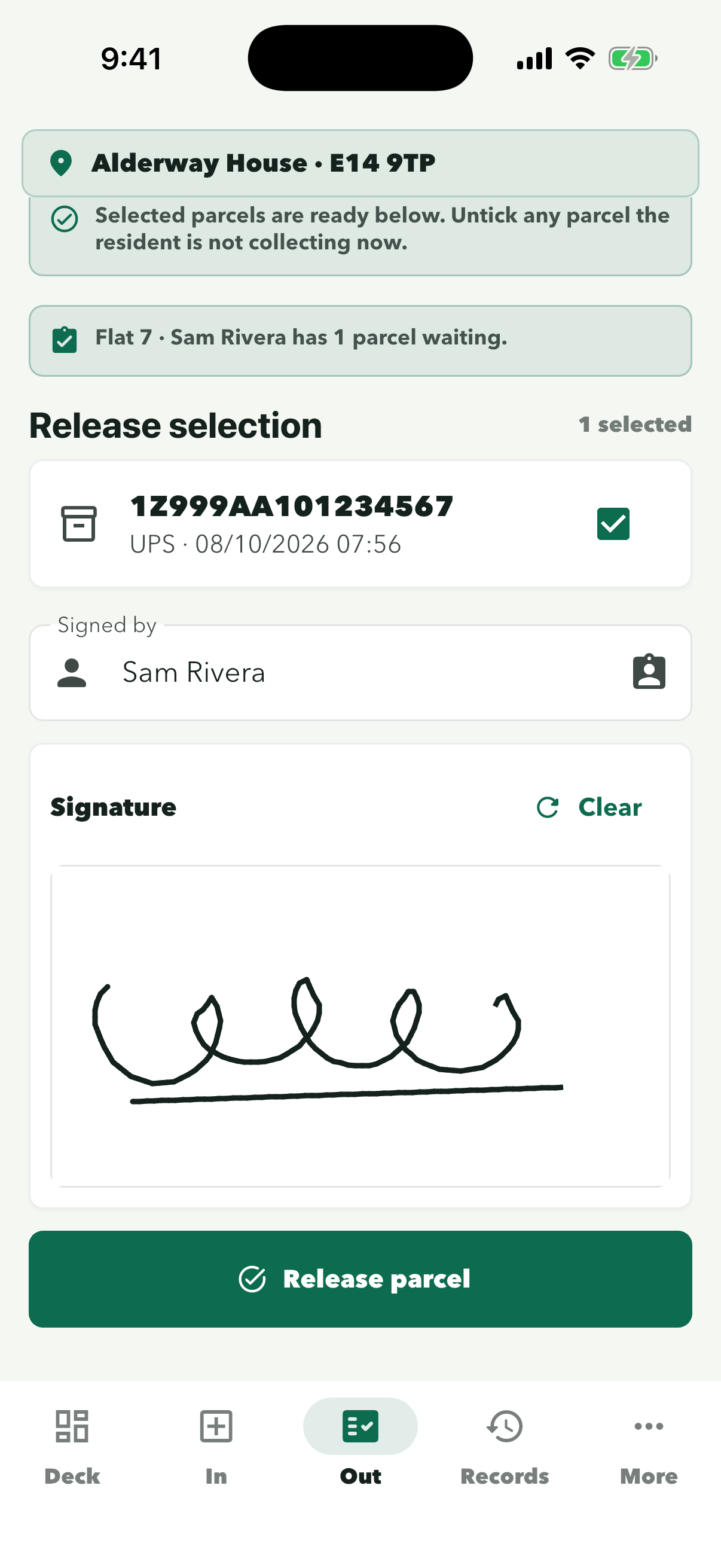 Signature drawn and Release parcel button active