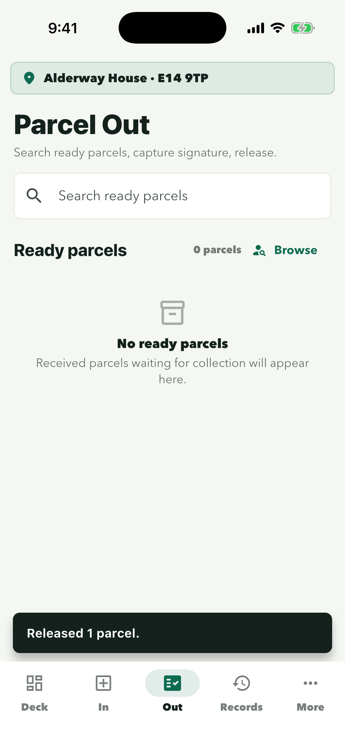 Parcel Out with no ready parcels and the message Released 1 parcel