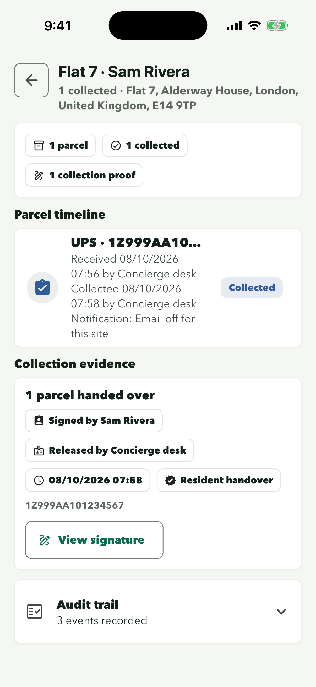 Collection evidence with Signed by, Released by and View signature