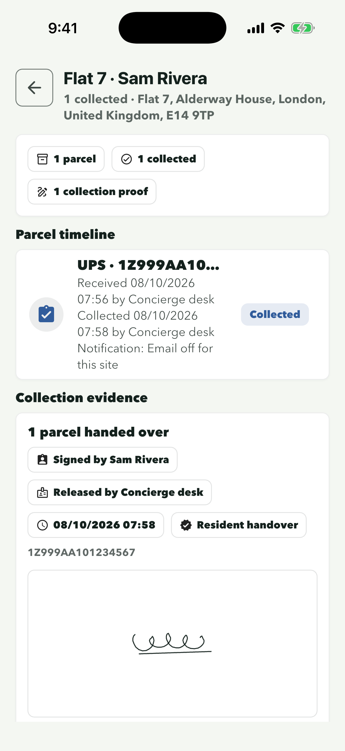 The saved signature shown under the collection evidence