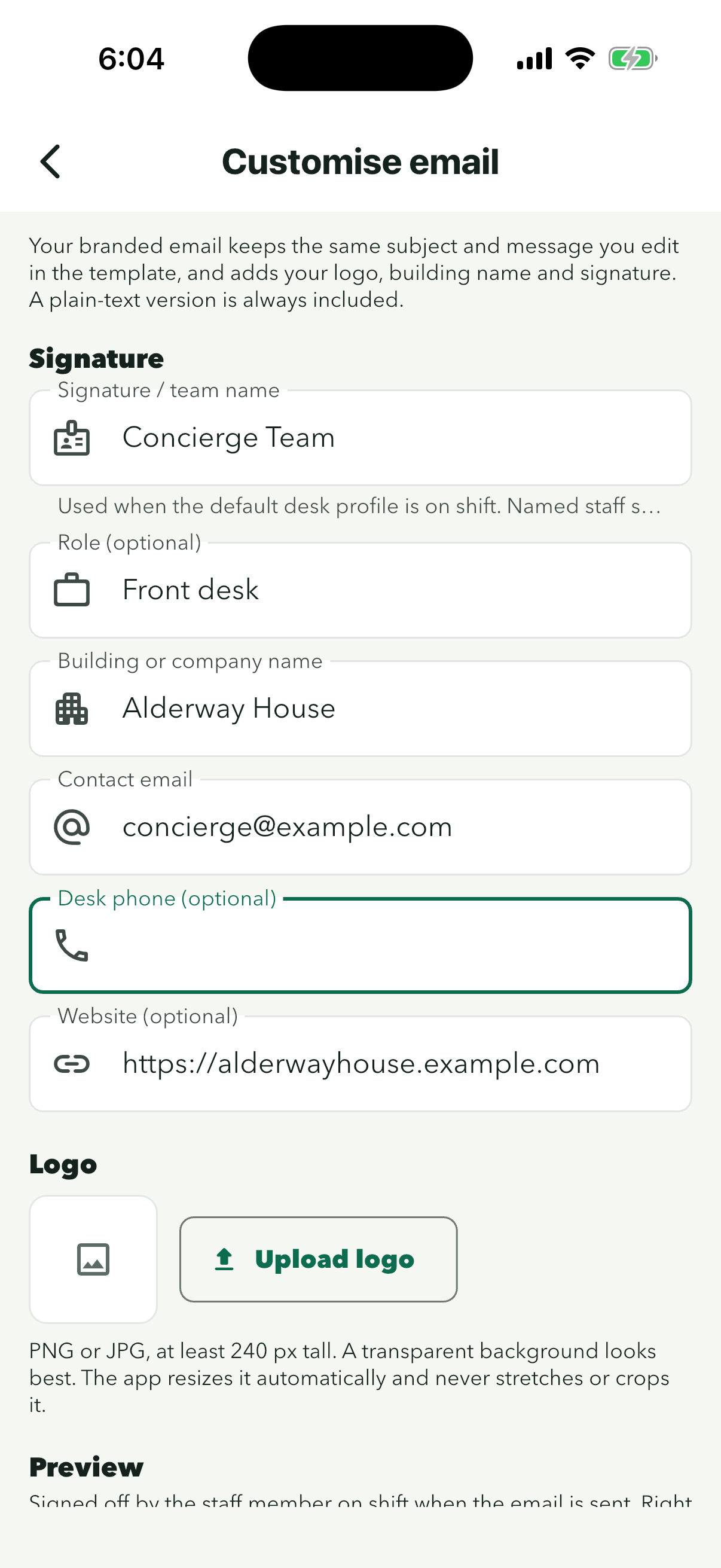 Customise email filled in: Concierge Team, Front desk, Alderway House, concierge@example.com and https://alderwayhouse.example.com, desk phone left empty