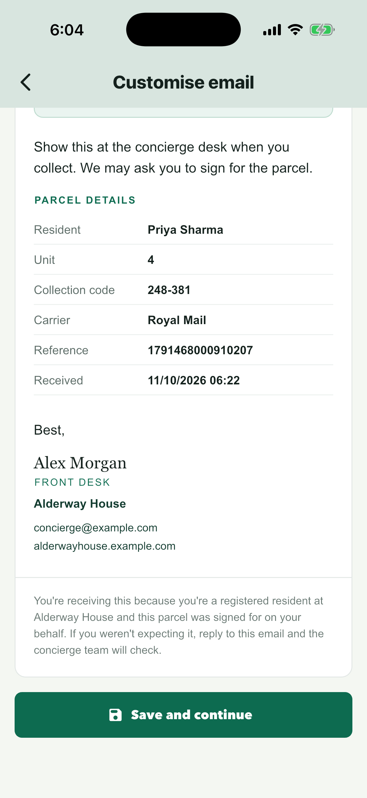 Email preview for Priya Sharma, unit 4, signed by Alex Morgan, Front desk, Alderway House, with Save and continue