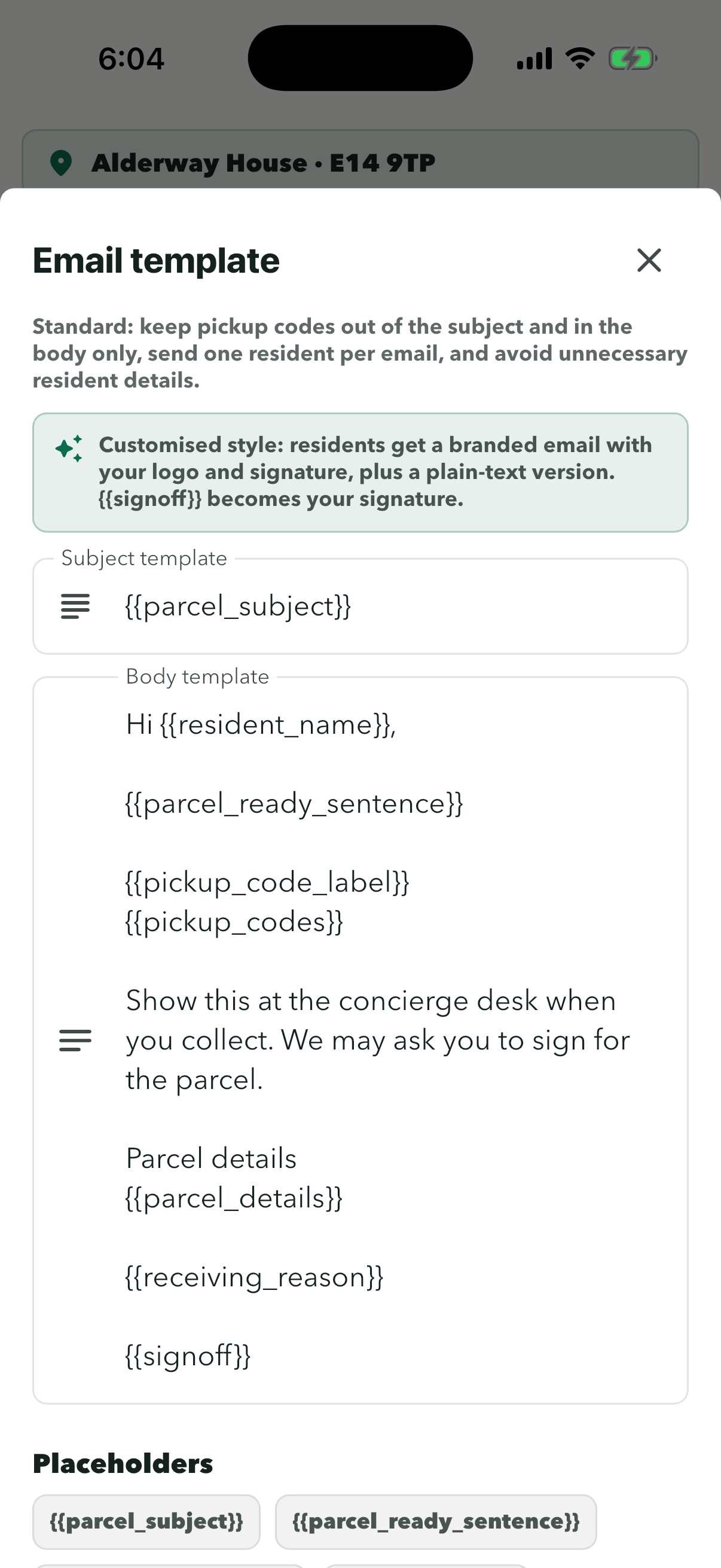 Email template sheet with the subject and body templates