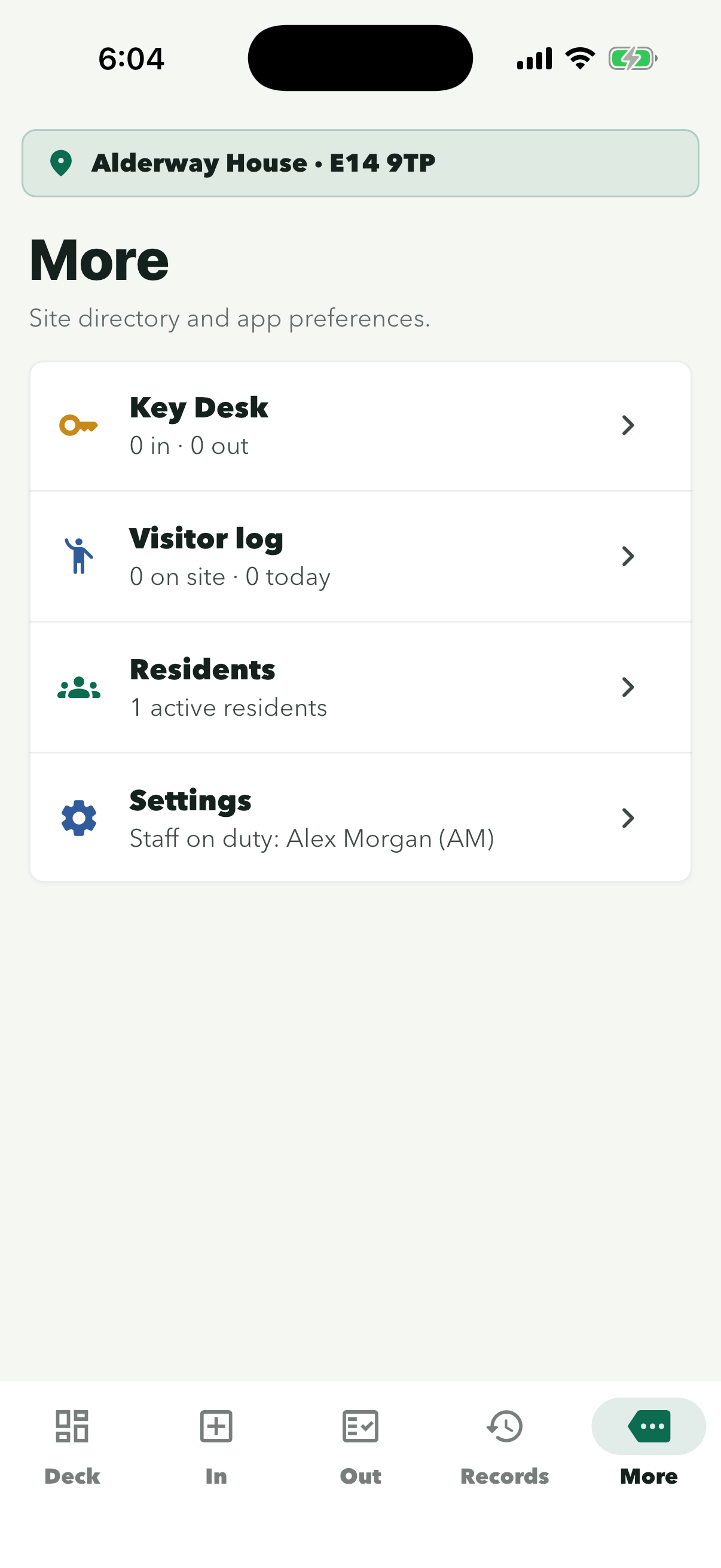 More screen for Alderway House with Key Desk, Visitor log, Residents and Settings