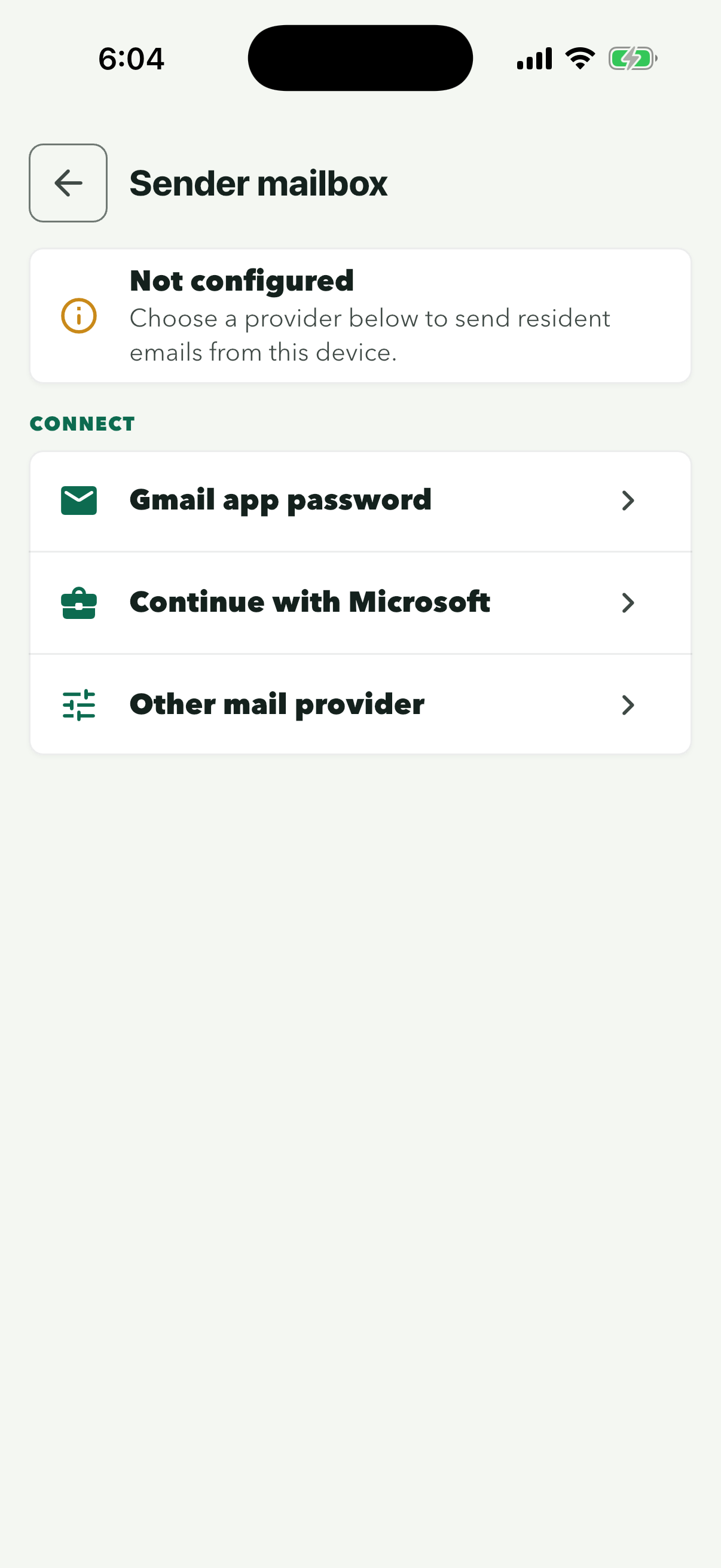 Sender mailbox showing Not configured, with Gmail app password, Continue with Microsoft and Other mail provider
