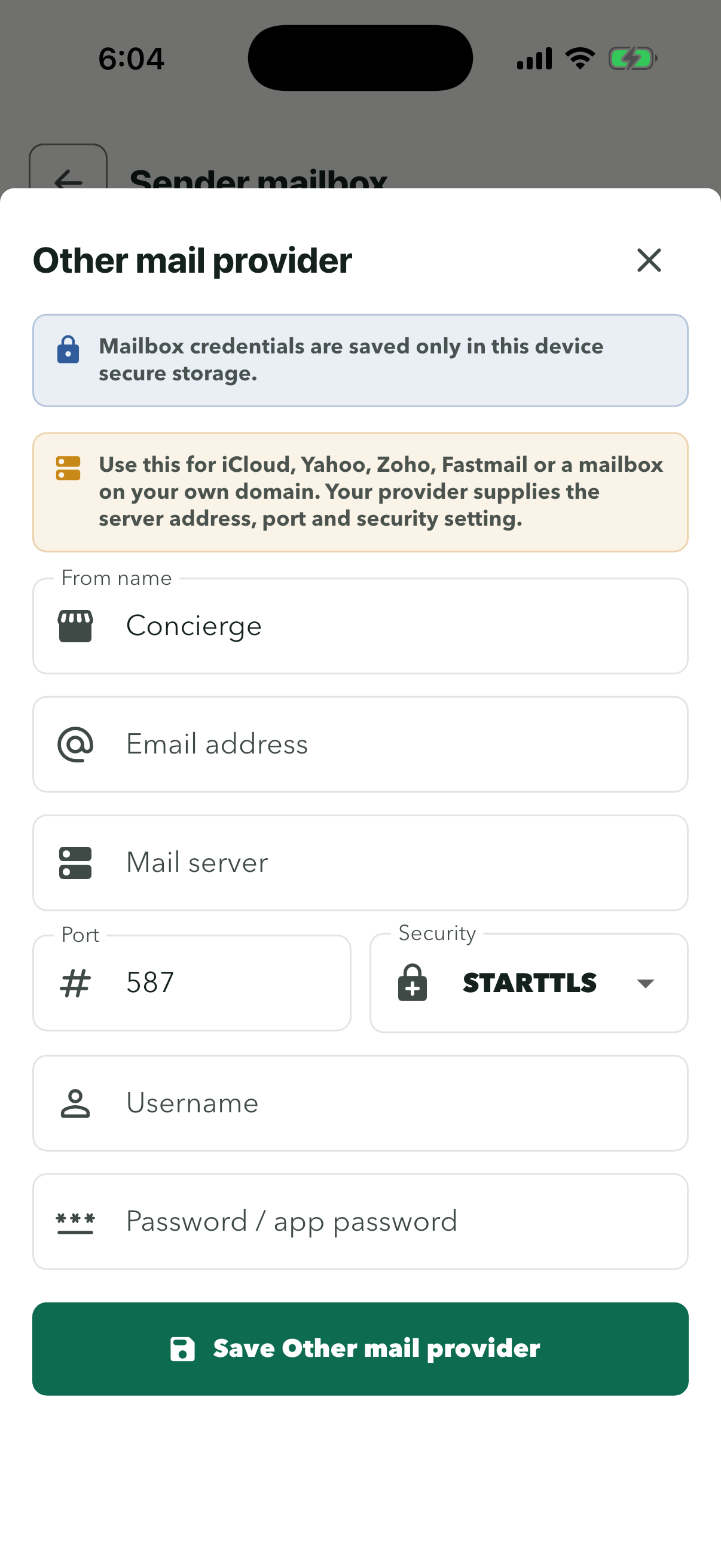 Empty Other mail provider sheet: From name Concierge, Email address, Mail server, Port 587, Security STARTTLS, Username and Password / app password