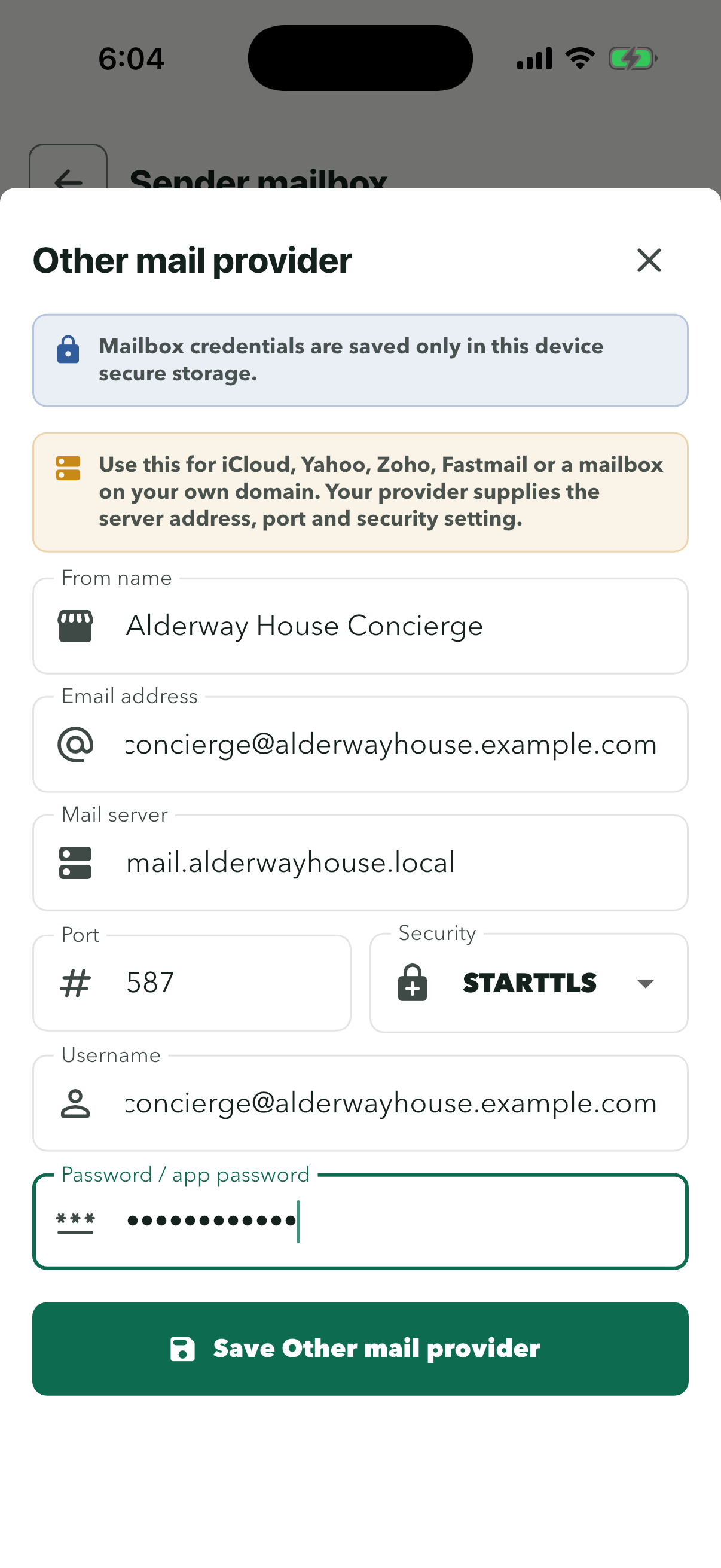 Other mail provider filled in: Alderway House Concierge, concierge@alderwayhouse.example.com, mail server mail.alderwayhouse.local, port 587, STARTTLS, with Save Other mail provider