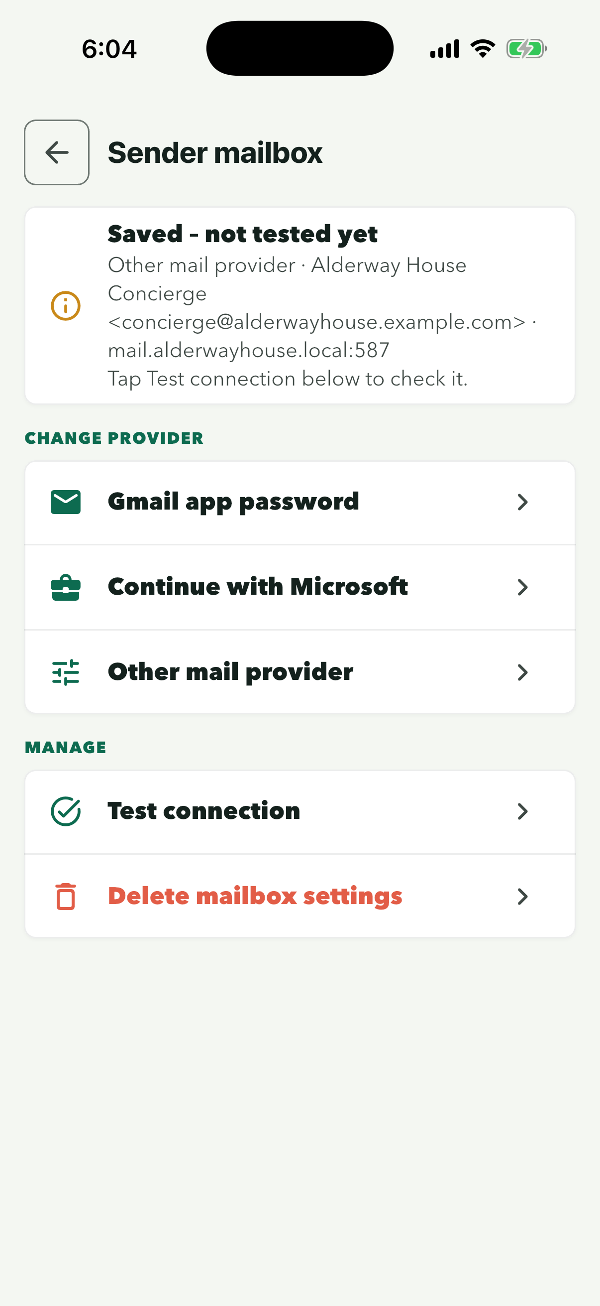 Sender mailbox showing Saved – not tested yet: Other mail provider, Alderway House Concierge, concierge@alderwayhouse.example.com, mail.alderwayhouse.local:587, with Test connection