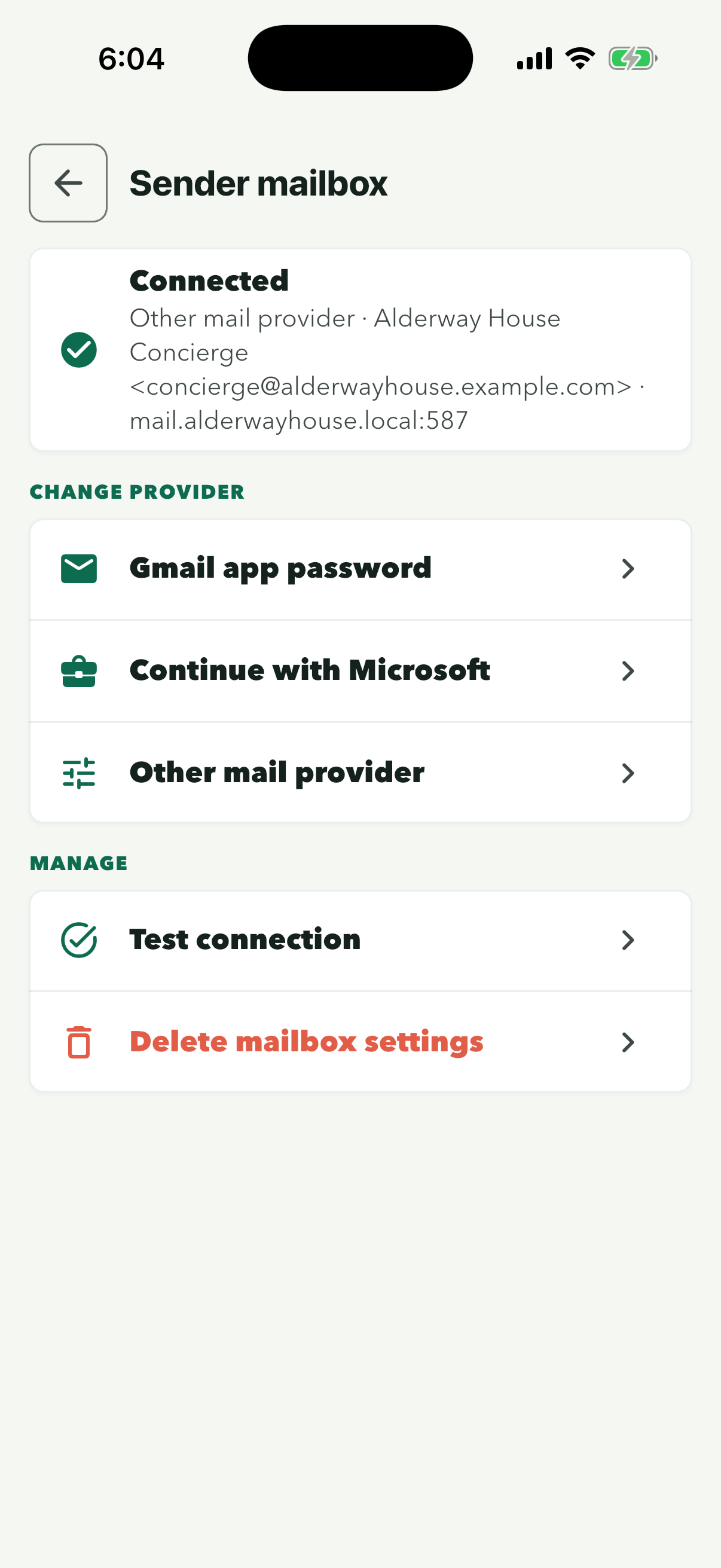 Sender mailbox showing Connected: Other mail provider, Alderway House Concierge, concierge@alderwayhouse.example.com, mail.alderwayhouse.local:587
