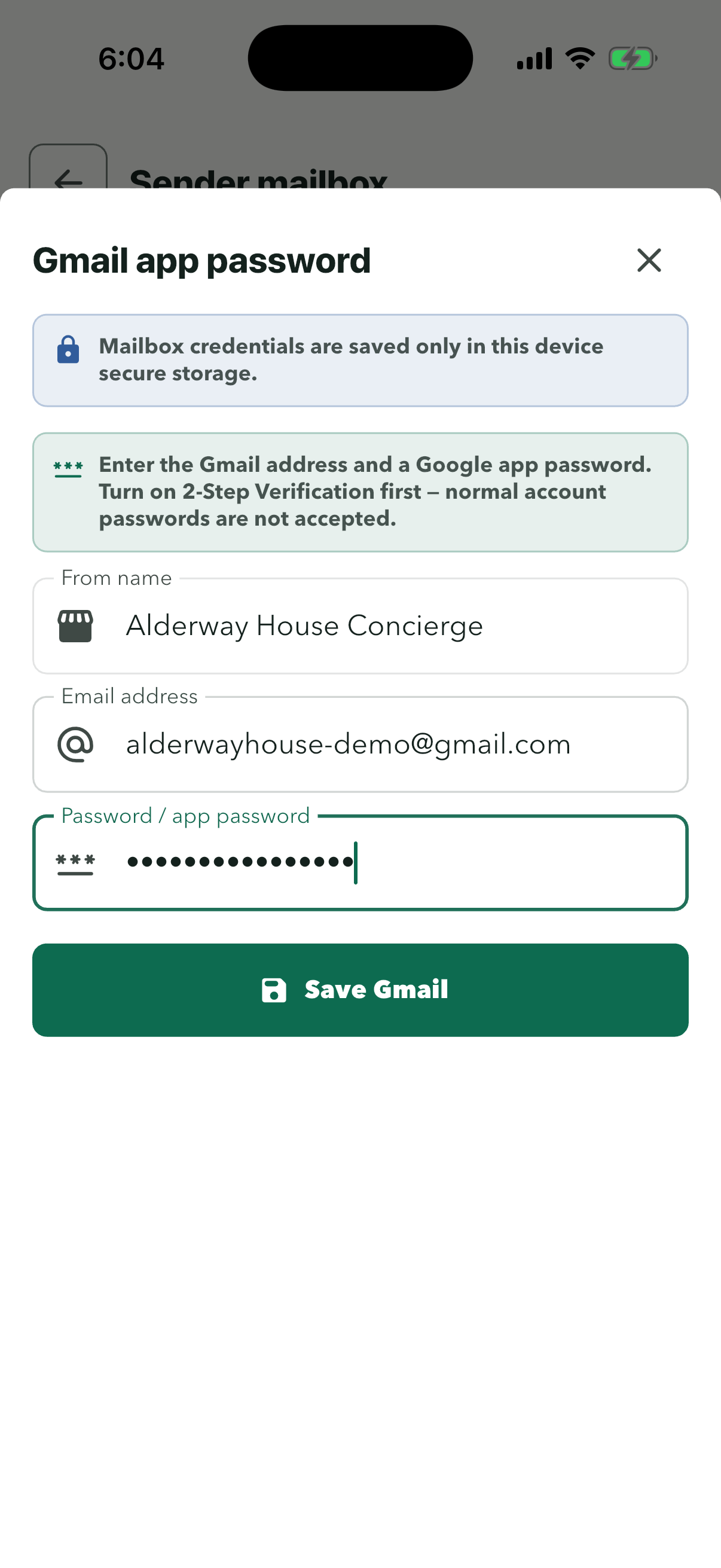 Gmail app password filled in: Alderway House Concierge, alderwayhouse-demo@gmail.com and a hidden app password, above Save Gmail