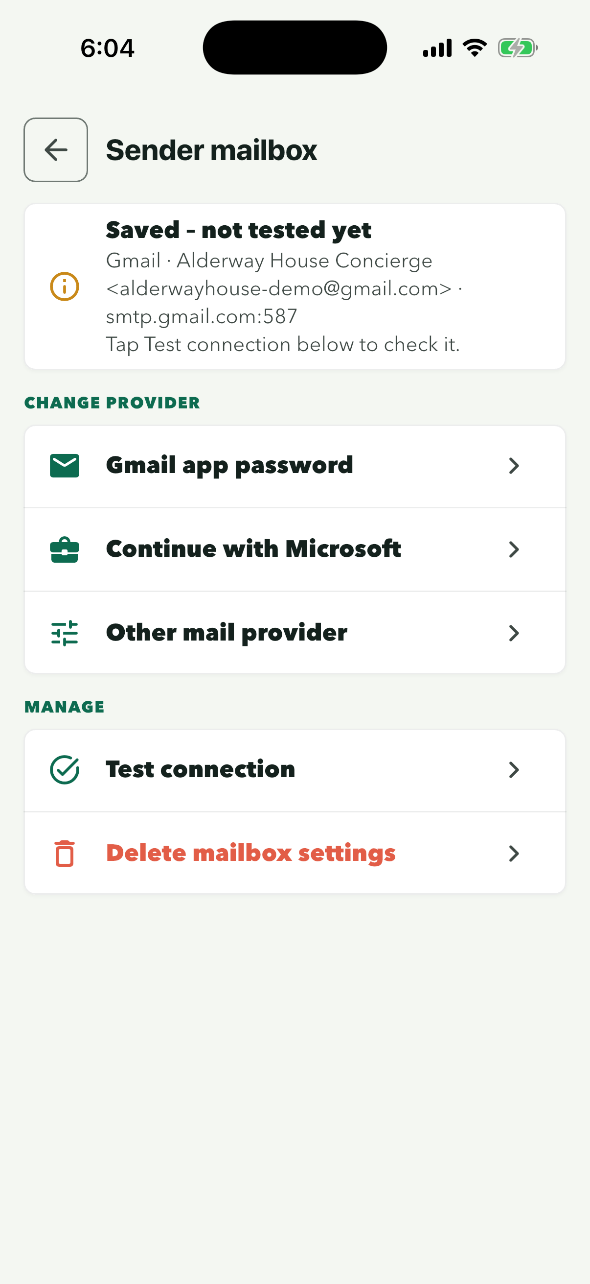 Sender mailbox showing Saved – not tested yet: Gmail, Alderway House Concierge, alderwayhouse-demo@gmail.com, smtp.gmail.com:587, with Test connection and Delete mailbox settings