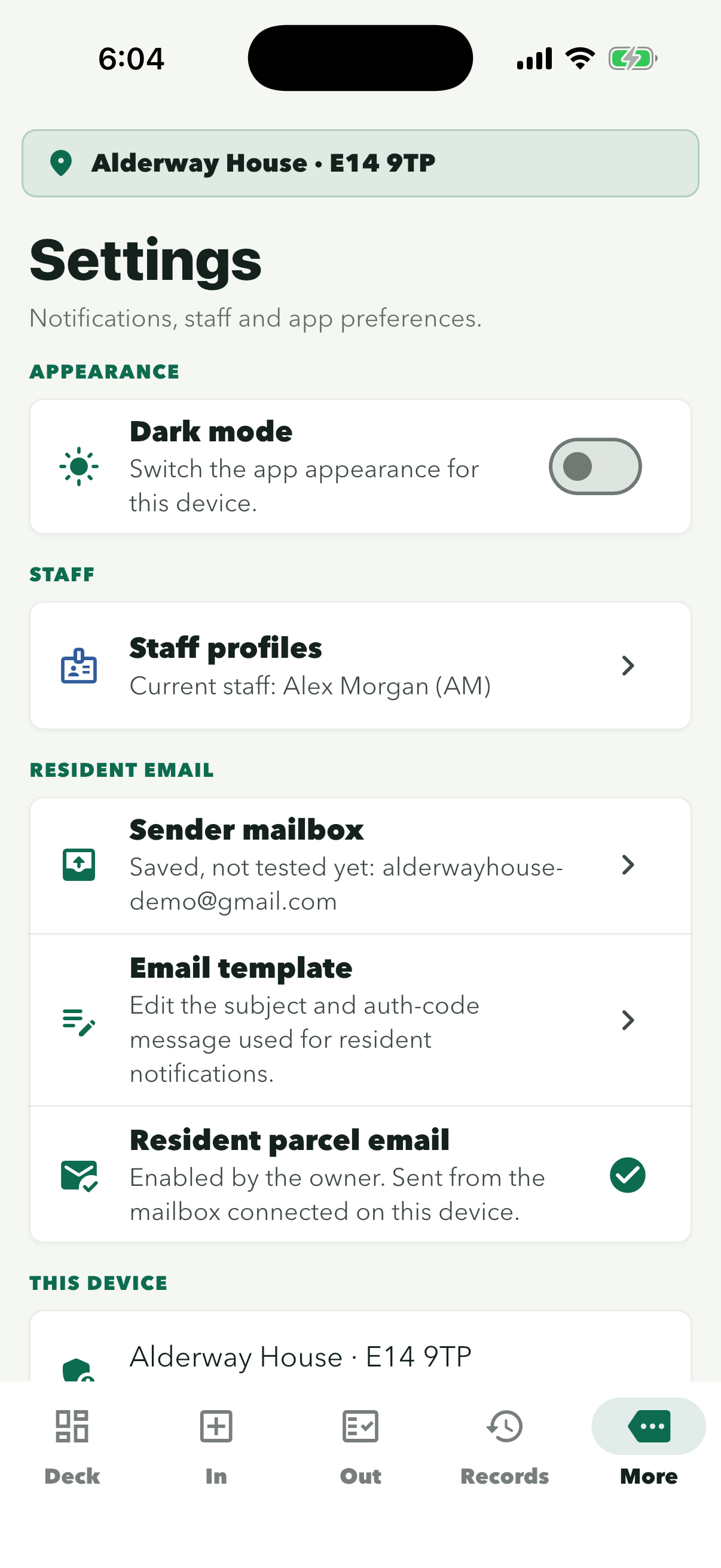 Site Settings with Sender mailbox: Saved, not tested yet: alderwayhouse-demo@gmail.com