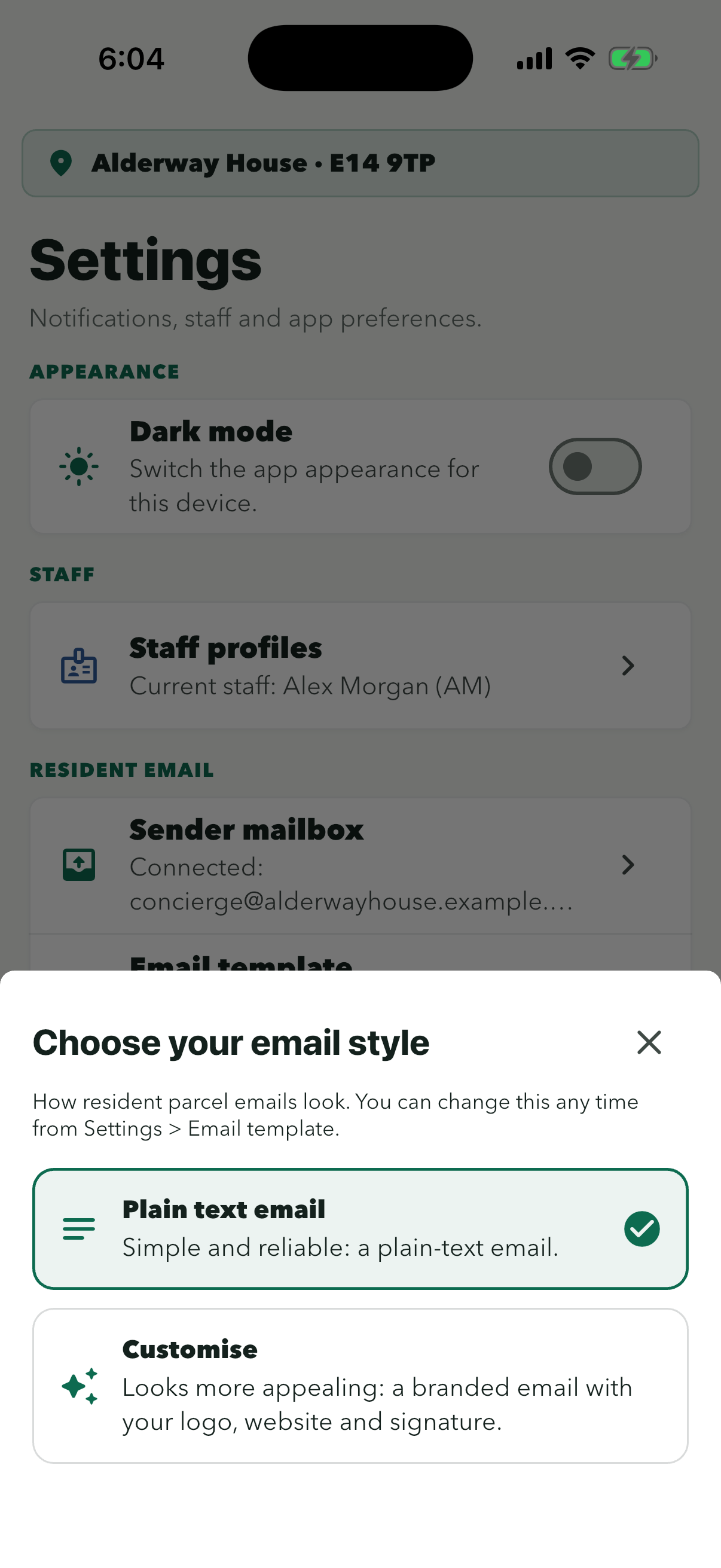 Choose your email style sheet with Plain text email and Customise, over Settings with Sender mailbox connected