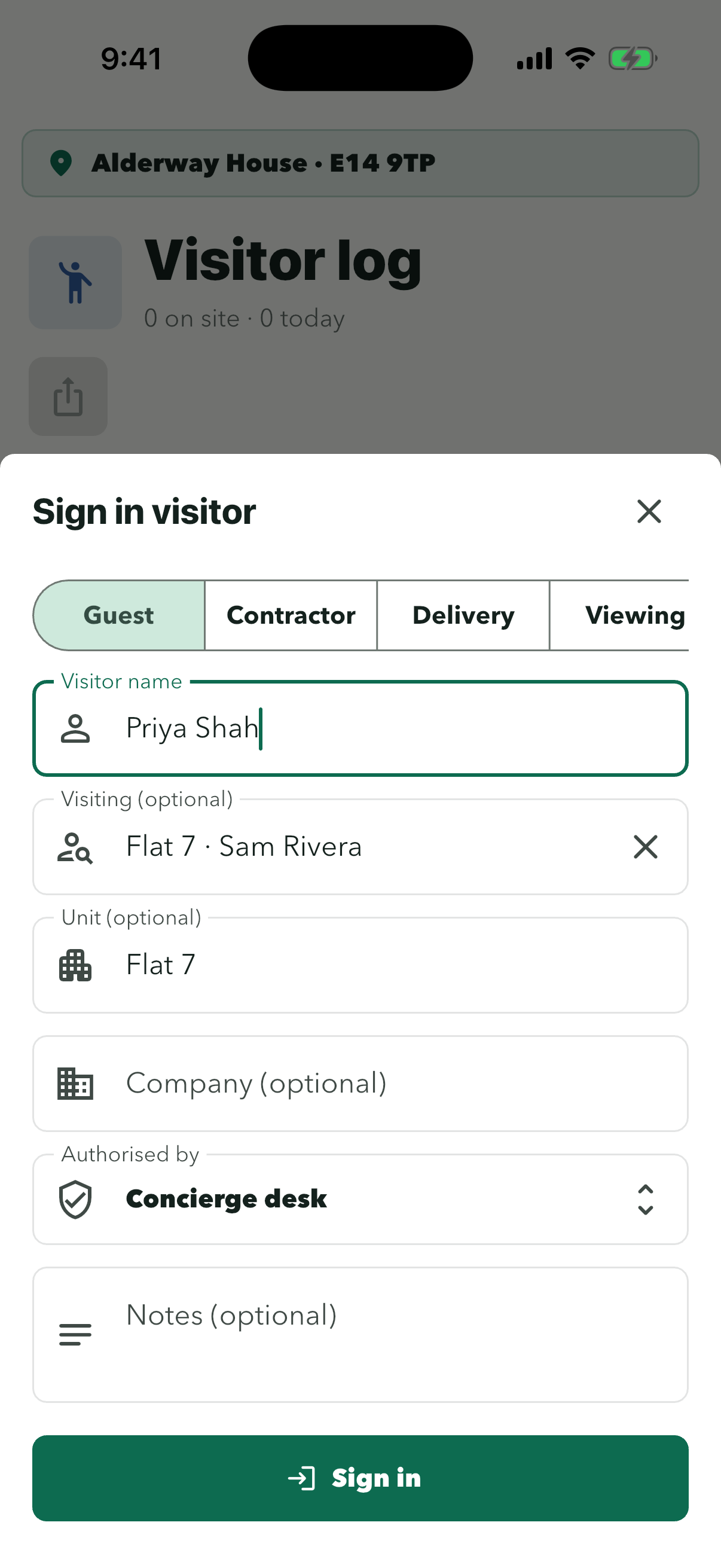 Sign in visitor form filled in for Priya Shah visiting Flat 7