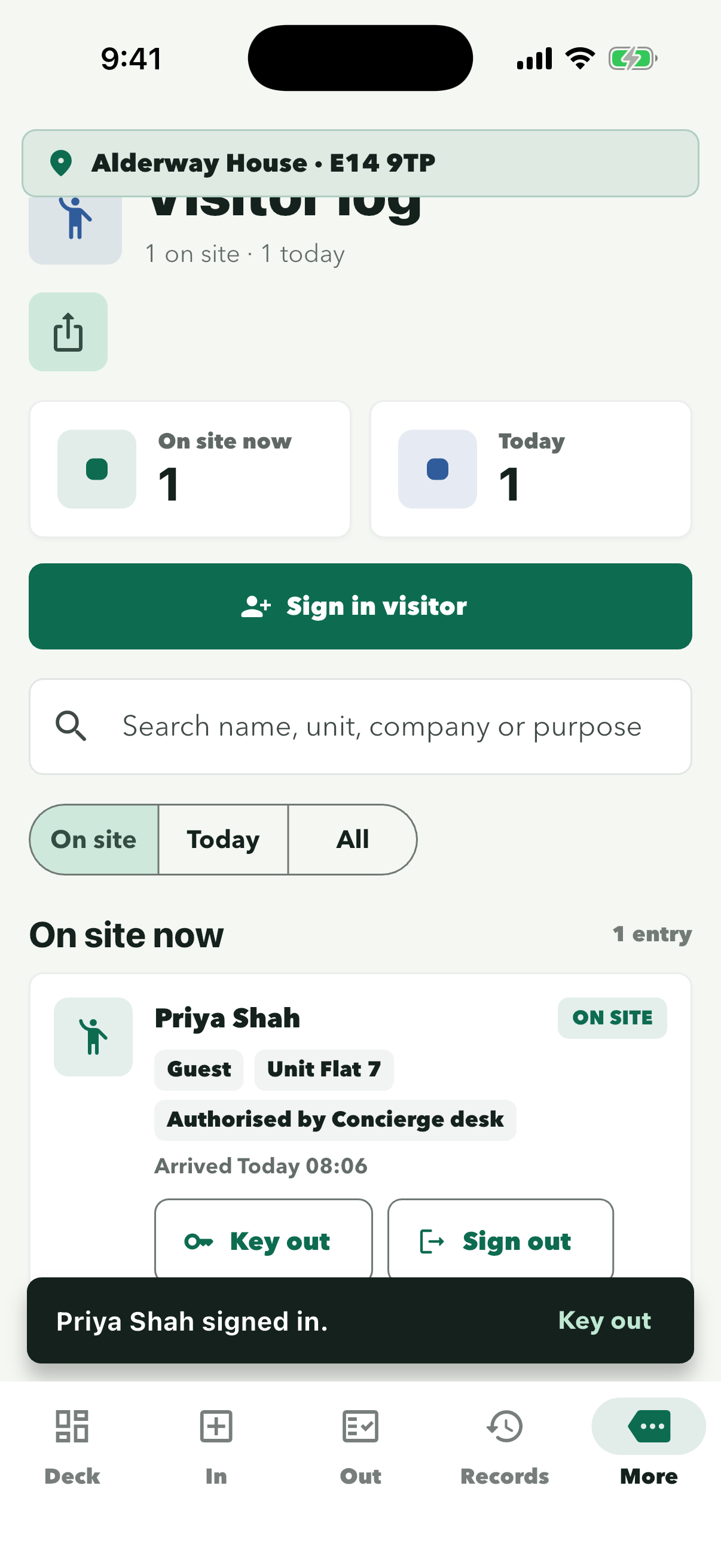 On site now card for Priya Shah with Key out and Sign out