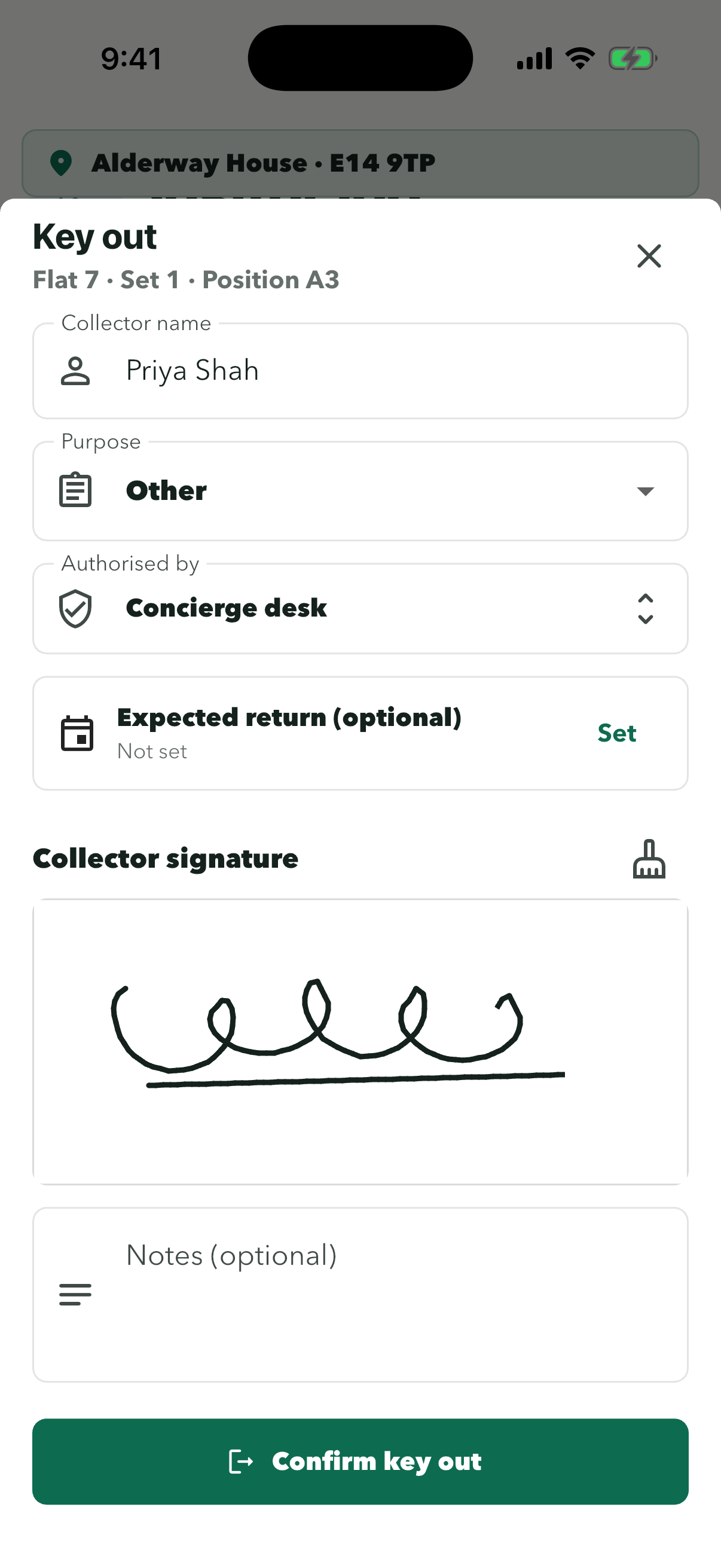 Key out form with the visitor signature and Confirm key out
